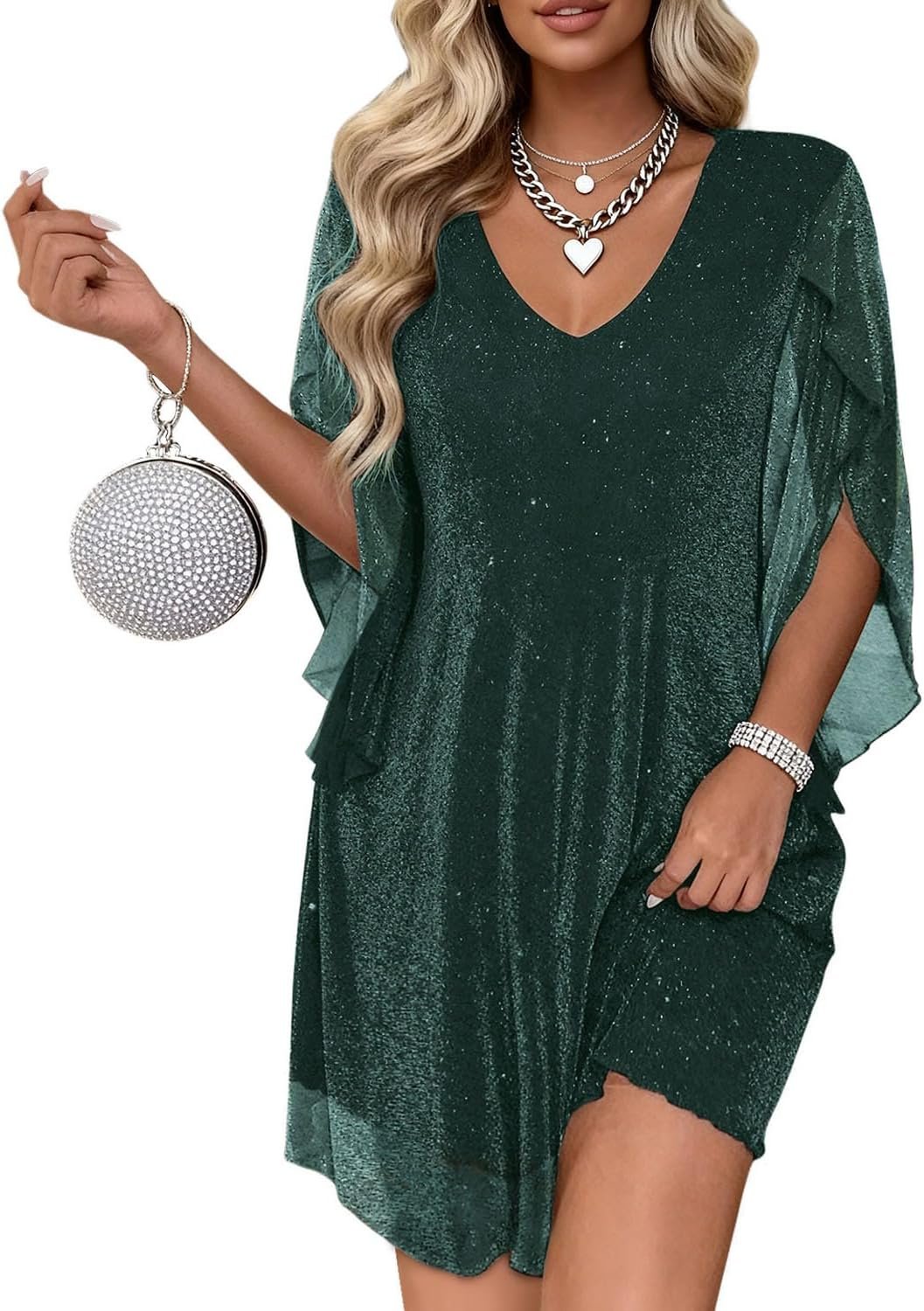 Women’s Sparkly Cocktail Dresses for Wedding Guest Flutter Sleeve Loose Chiffon Party Dress (XS-XL)
