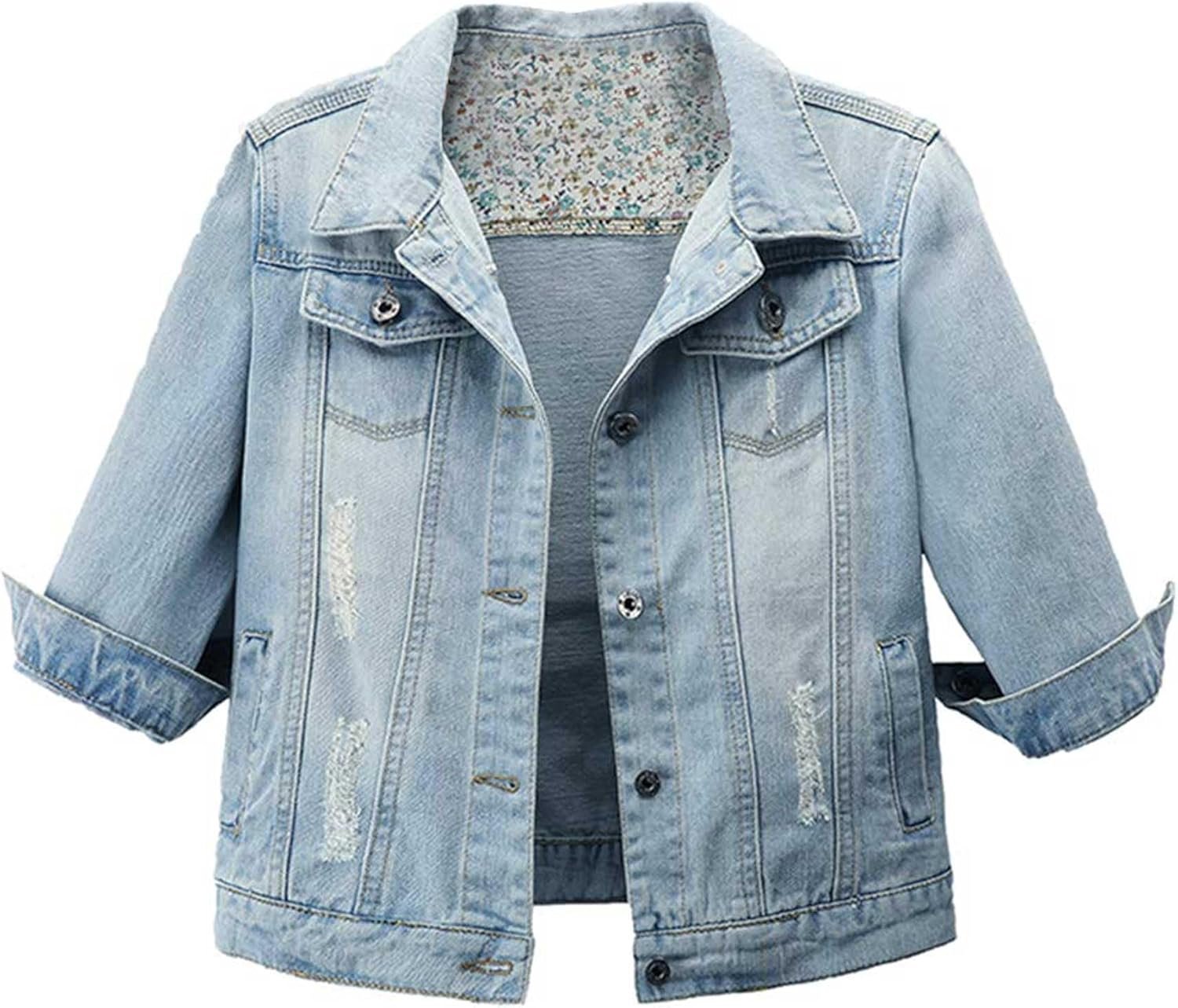 Hixiaohe Women Autumn 3/4 Sleeve Retro Short Denim Jackets Light Blue Jean Coats