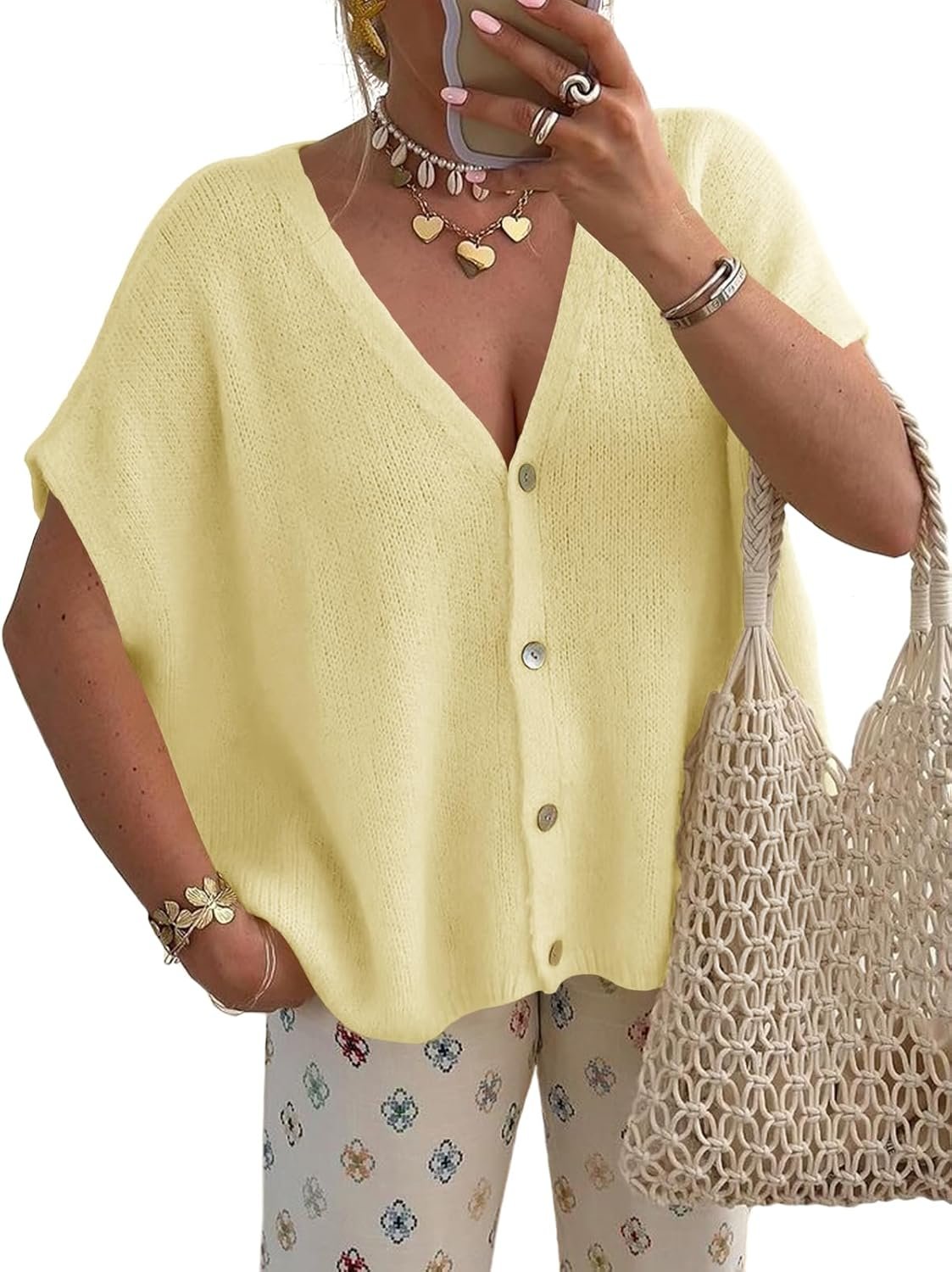Saodimallsu Womens Summer Oversized Cardigans Batwing Short Sleeve Lightweight Button V Neck Casual Knit Sweater Tops
