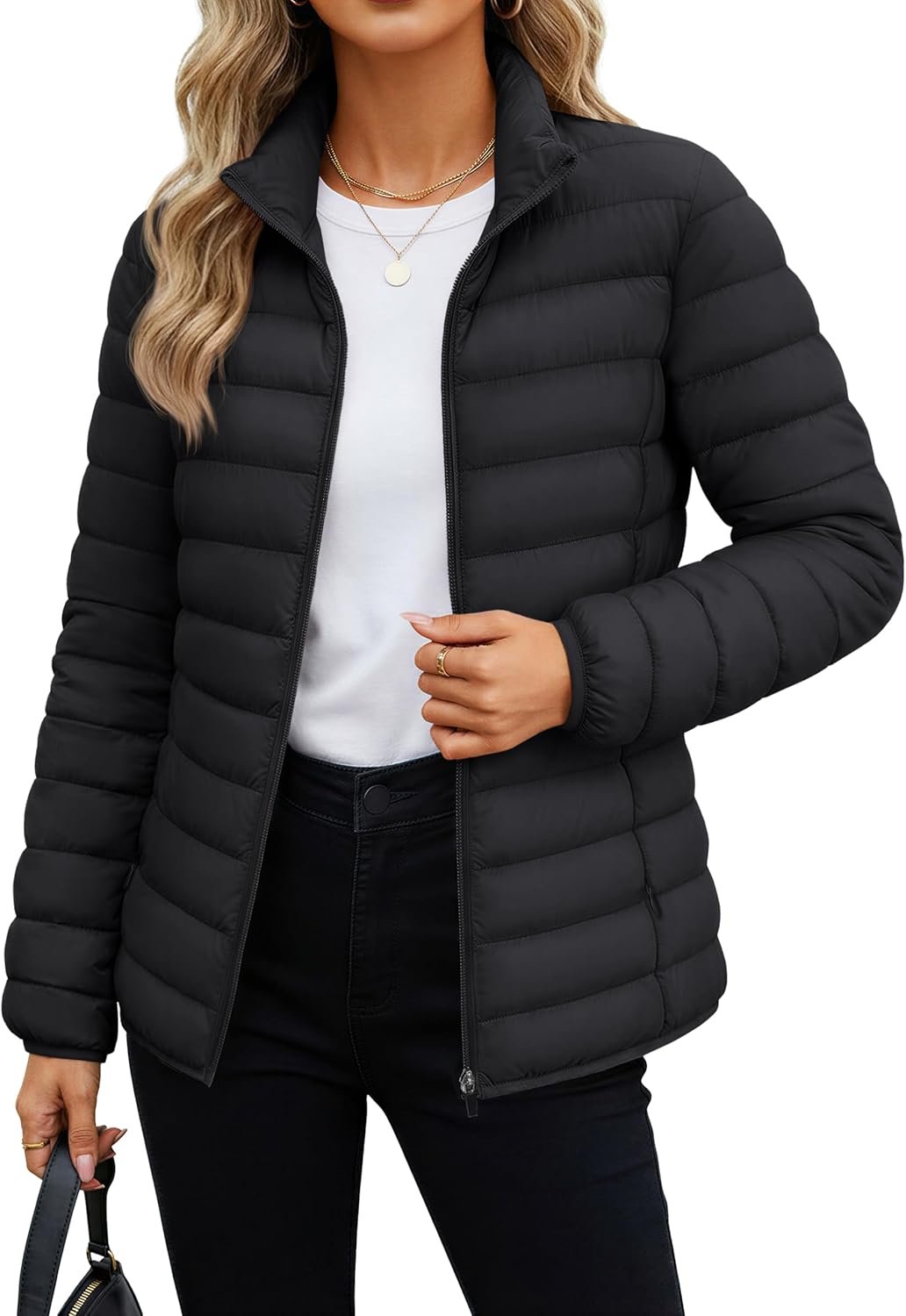 MAGCOMSEN Women’s Puffer Jacket Lightweight Quilted Padded 4 Pockets Zip-up Stand-collar Winter Fleece Coat