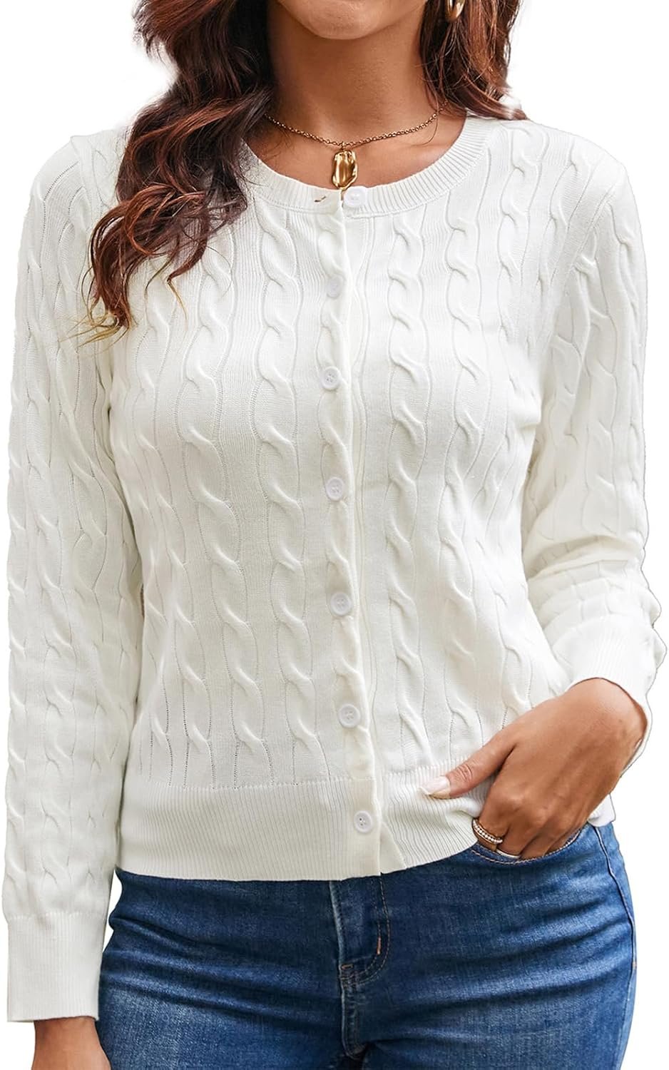 GRACE KARIN Womens Long Sleeve Button Up Cable Knit Cardigan Lightweight 2026 Crewneck Button Down Sweaters for Women