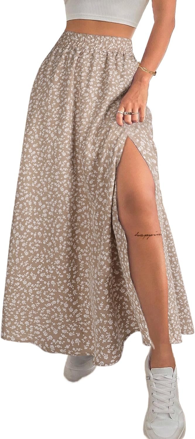 Avanova Women Boho Floral Slit Maxi Skirt Split Thigh High Waisted Long Skirts