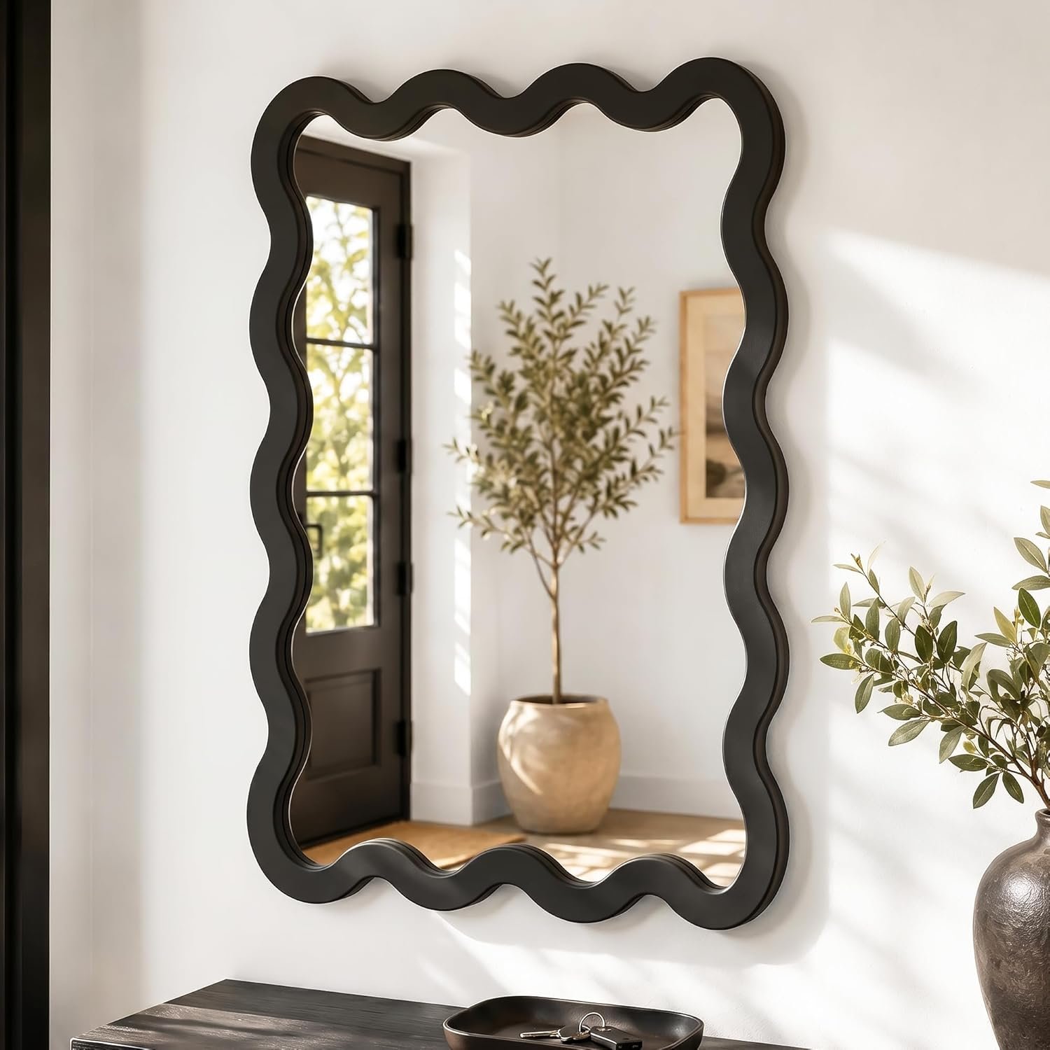 24″x36″ Matte Black Wavy Wall Mirror for Bathroom Vanity, Large Solid Wood Asymmetrical Mirror, Irregular Squiggle Mirror for Bedroom, Modern Funky Aesthetic Decor