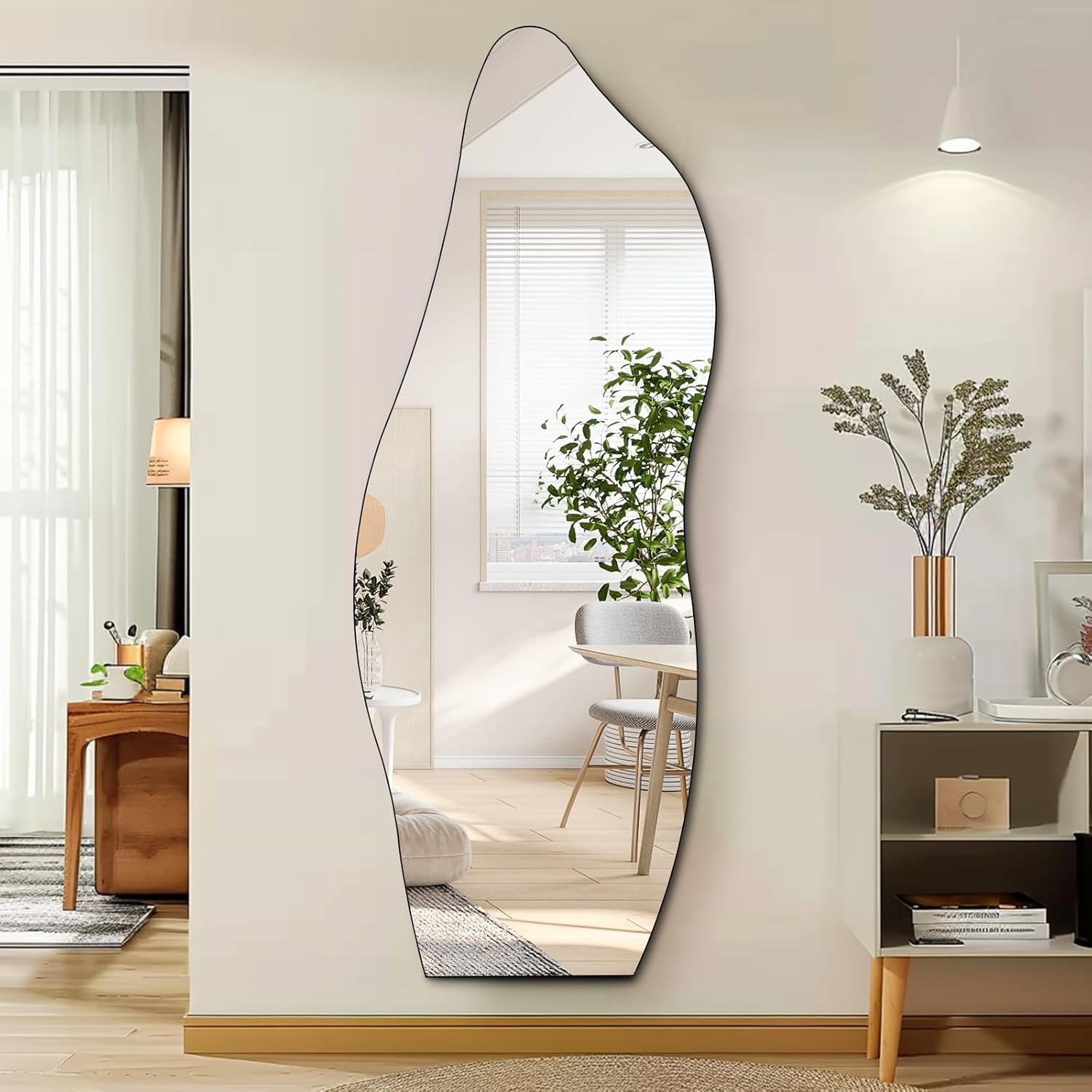 QDSSDECO Full Length Mirror 63″x24″ Irregular Wall Mirror Wave Frameless for Living Room Bathroom Bedroom Entryway Decor