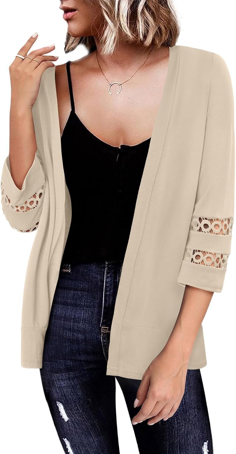 Womens Cardigan 3/4 Sleeve Casual Lightweight Cover Up Open Front Cardigans S-3XL