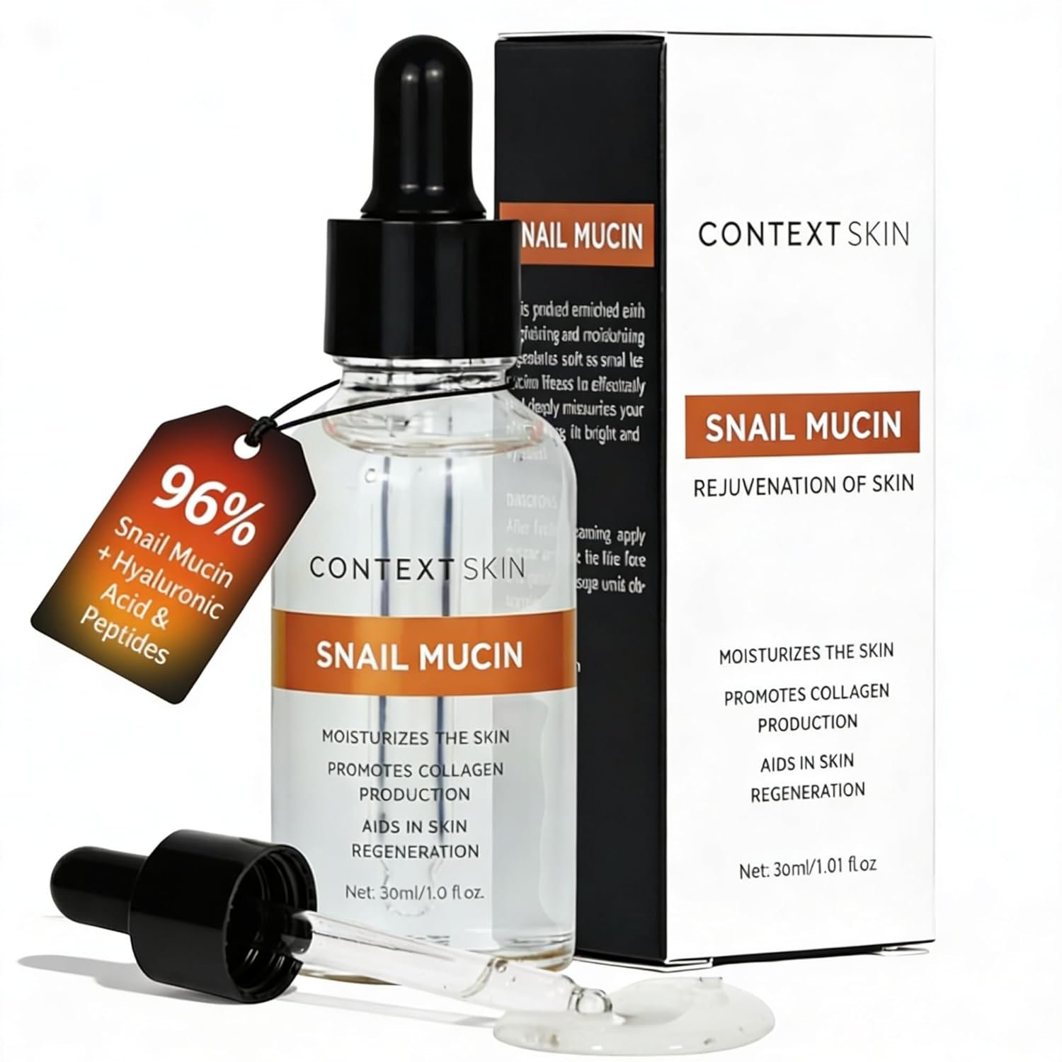 Context Skin Snail Mucin Serum for Face, 96% Snail Mucin + Hyaluronic Acid & Peptides, Lightweight Hydration, Fast-Absorbing, Smooth Texture, Daily Skincare, 1 fl oz