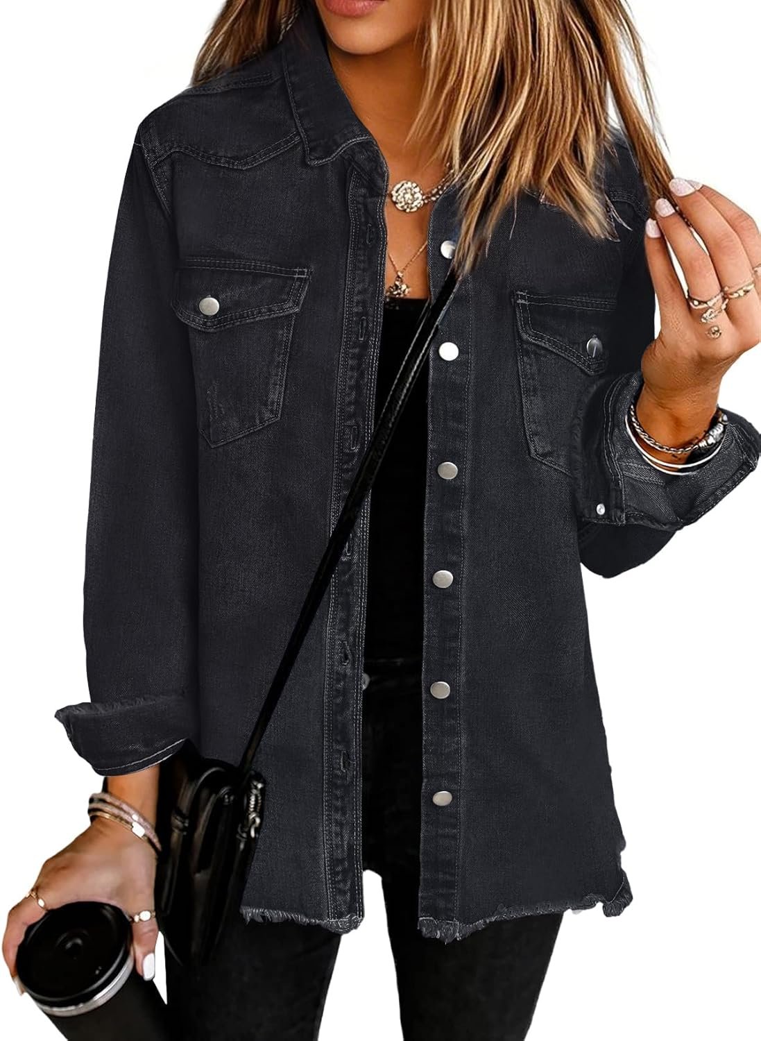 UEAL Womens Oversized Button Down Frayed Hem Denim Shacket Casual Long Sleeve Jean Jackets 2026 Spring Outfits