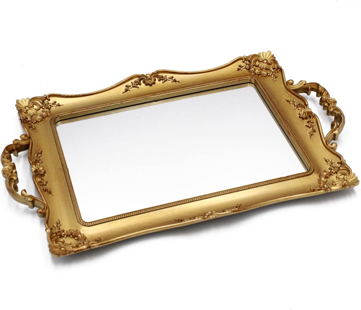 Tstarer Antique Decorative Gold Framed Square Mirror Tray, Jewelry & Cosmetics Organizer for Dresser, Square – 9.5″ W x 14.5″ L (Golden)