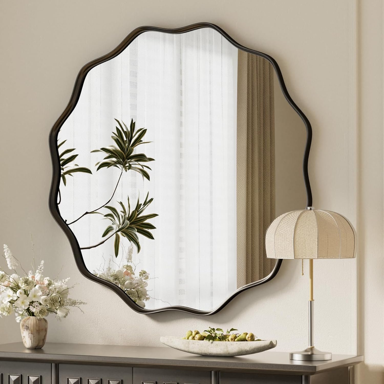 VooBang Black Scalloped Circle Mirror, 30″ Wavy Edge Round Wall Mirror with Tempered Glass Textured Circular Metal Deep Frame, Hanging Leaning for Bathroom, Hallway, Entryway, Livng Room