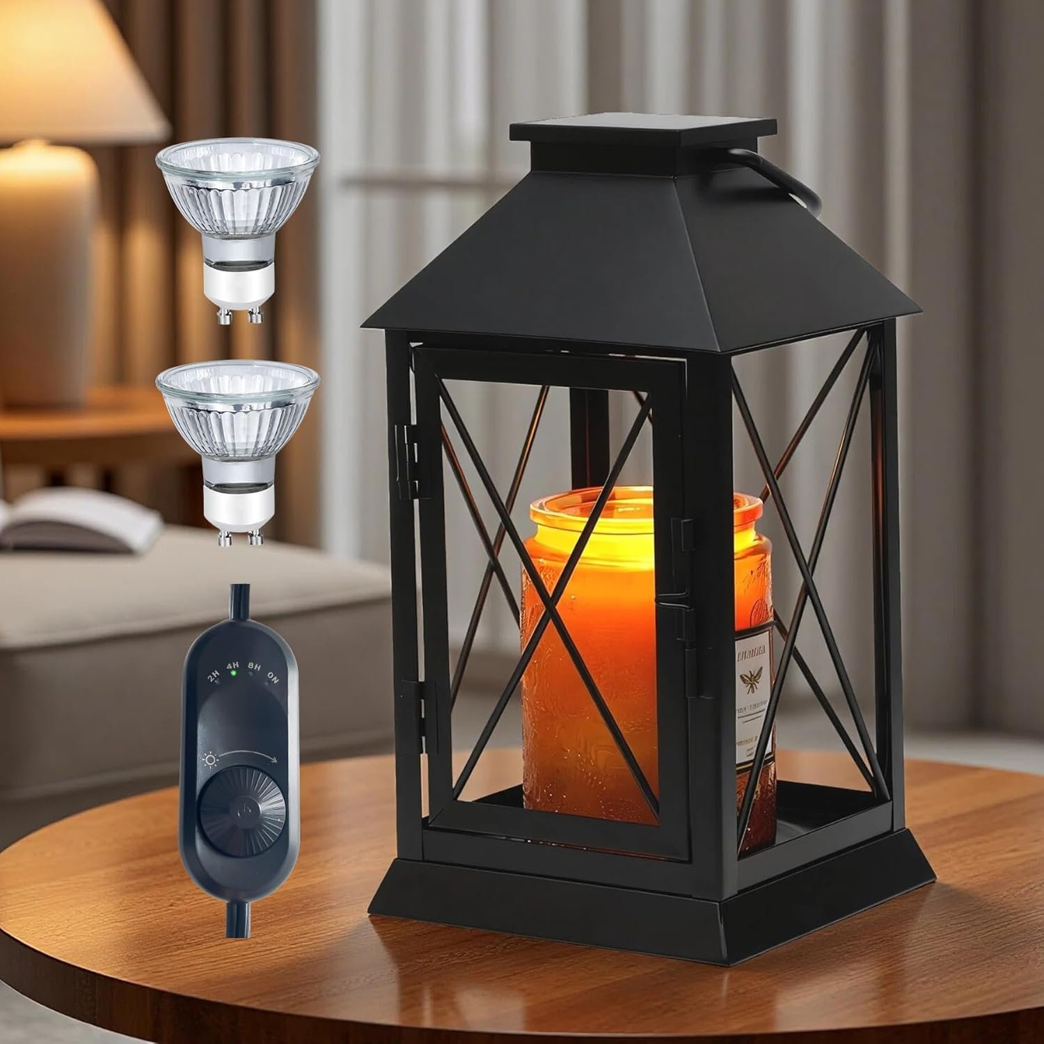 Candle Warmer Lamp with Timer Dimmable,Compatible with 3 Wick Candle/Large Candle,Vintage Lamp Candle Warmer Lantern Farmhouse Style,Fully Enclosed Designed and Hanging Up-Black