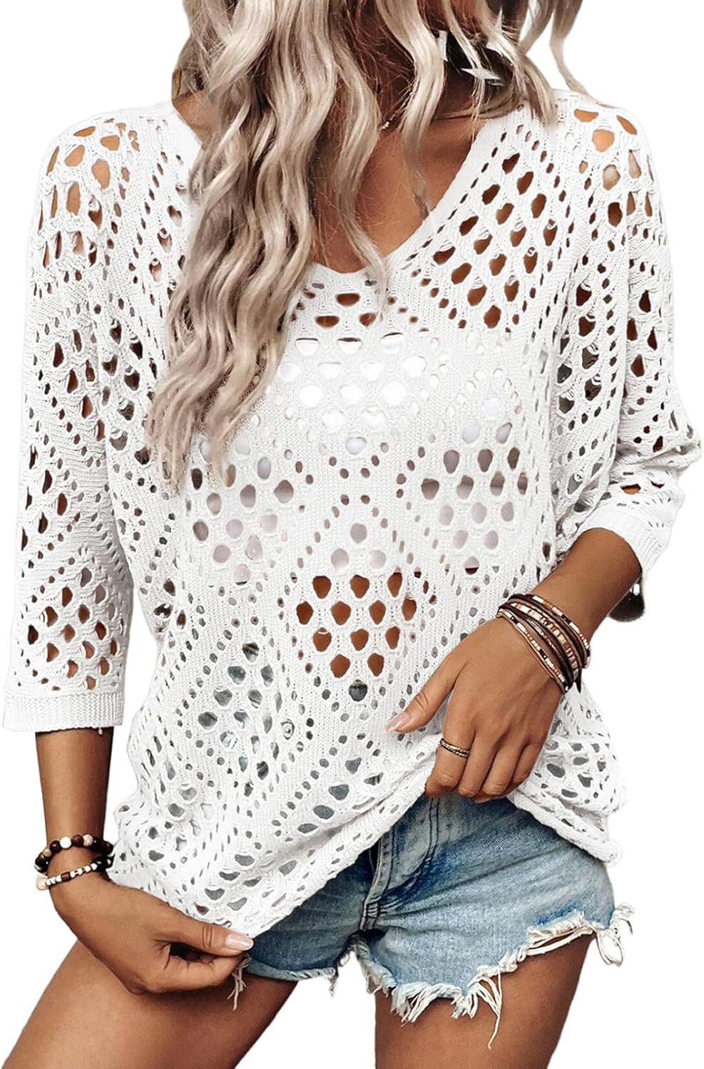 SHEWIN Womens Summer Tops Hollow Out Beach Crochet Cover Ups V Neck 3/4 Sleeve Pullover Sweater Shirts