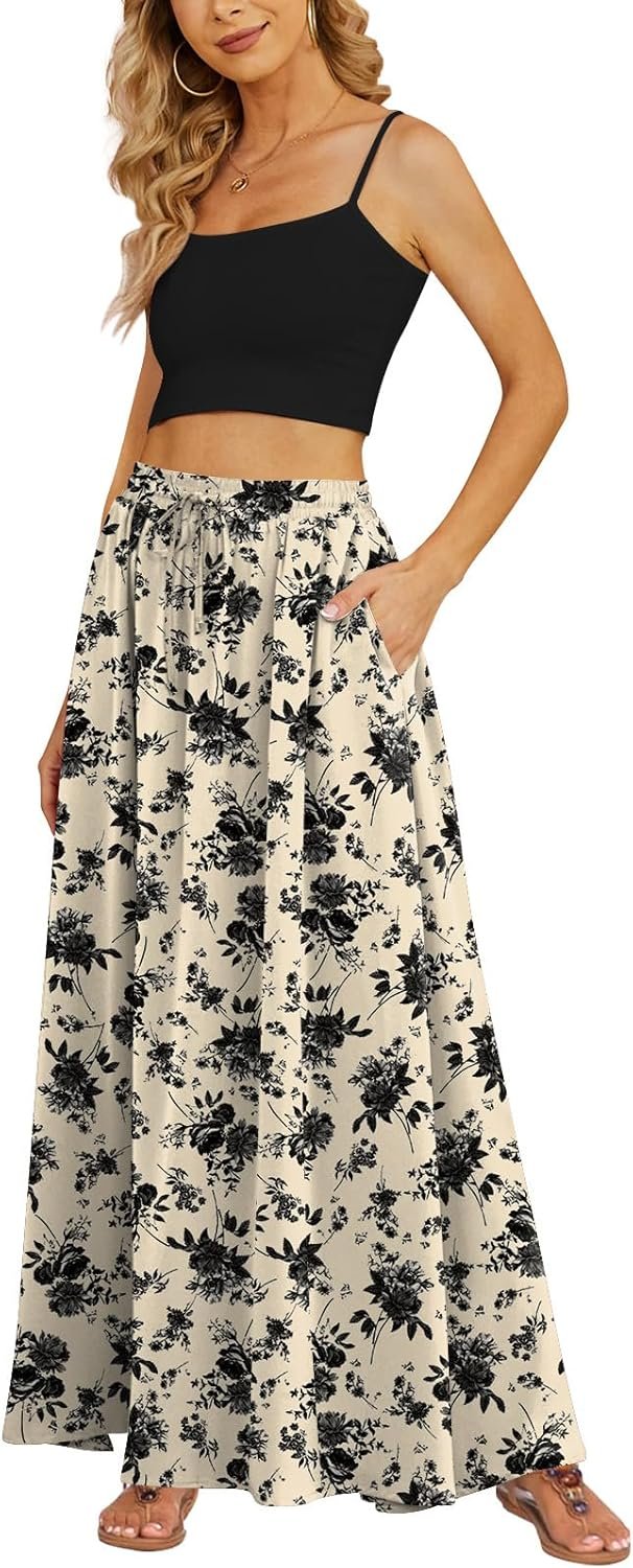 Yincro Women’s Flowy Maxi Skirt Summer Pleated High Waisted Casual Long Skirts with Pockets