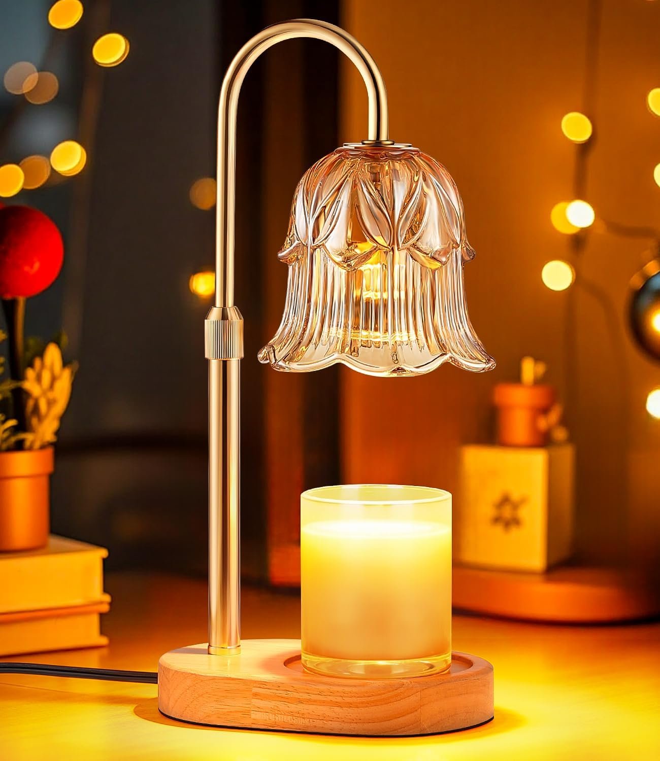 Candle Warmer Lamp Adjustable Timer – Electric Flower Glass Candles Warmers Adjustable Height Dimmable Vintage Base Modern Wax Candles Top Warmers for Small Jar Scented Wax Melts