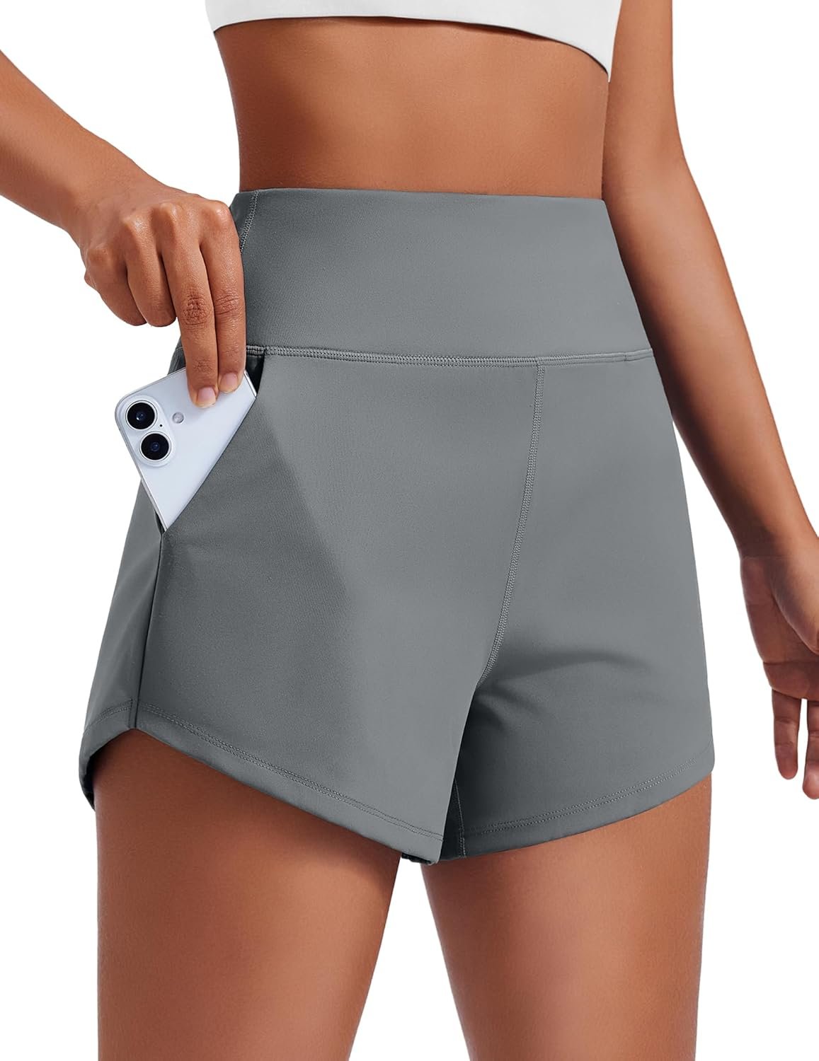 PINSPARK Women’s 3.5″ Running Athletic Shorts Unlined Breathable Workout Tummy Control Gym Yoga Dolphin Short with Pocket