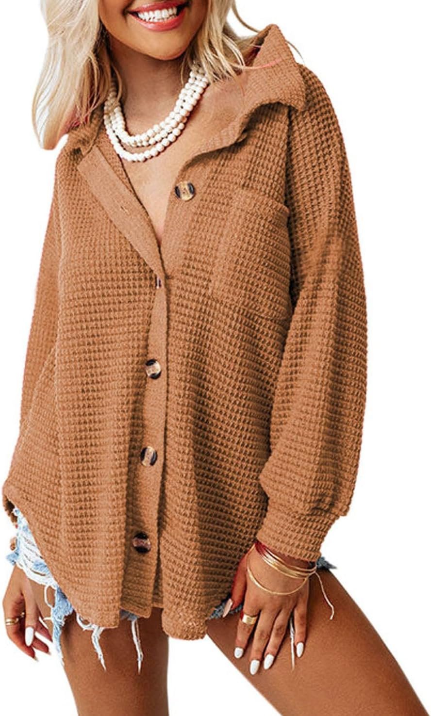 Dokotoo Womens Waffle Knit Shacket Jacket Casual Long Sleeve Button Down Shirts Dressy Blouses Tops