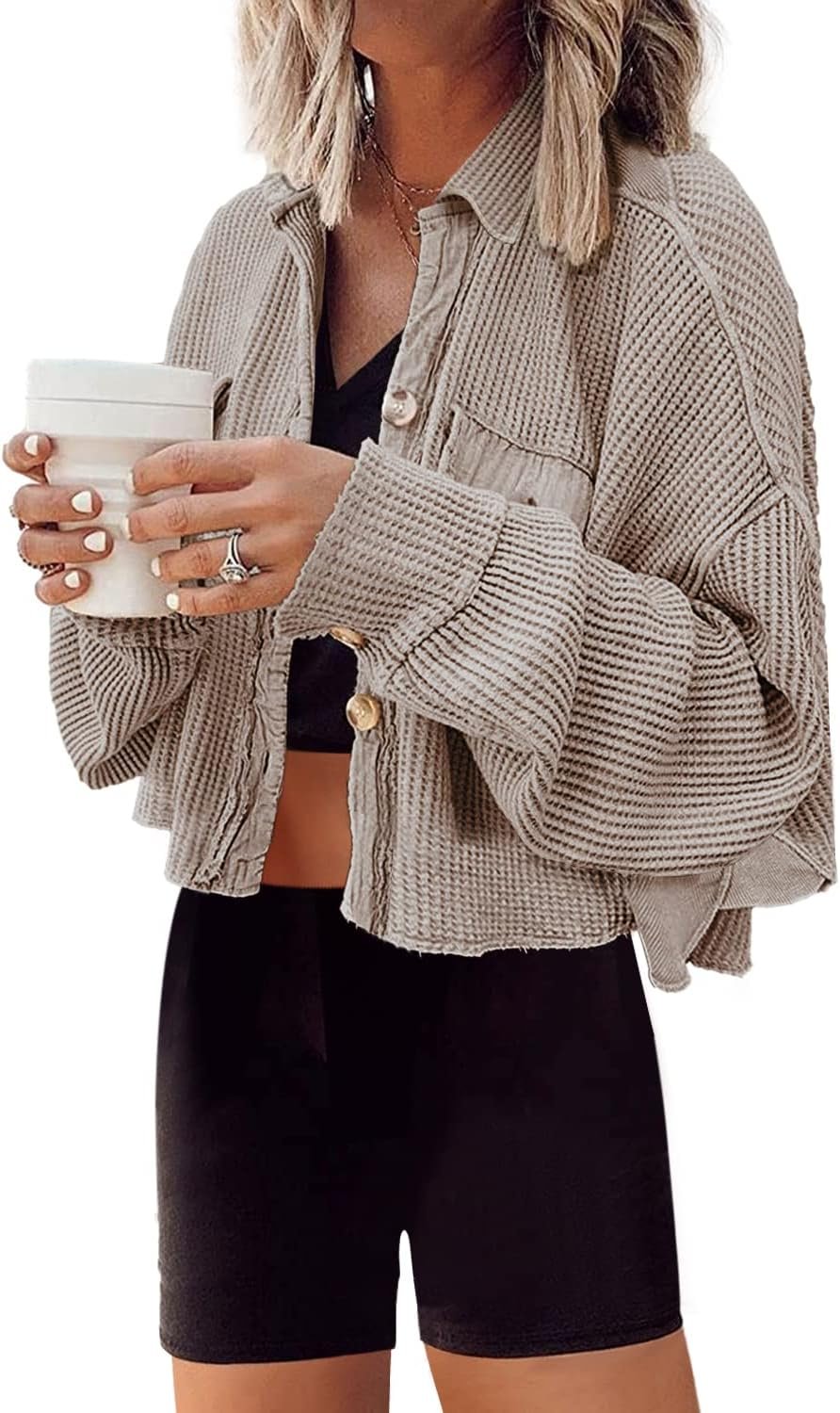 Panadila Women’s Cropped Waffle Knit Shacket Short Button Down Jacket Batwing Sleeve Shirts with Pocket