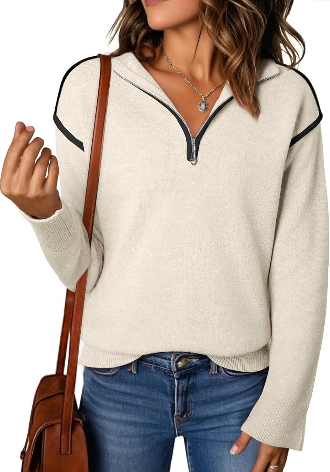 EVALESS Womens Sweaters V Neck Long Sleeve Quarter Zip Collared Ribbed Knit Dressy Casual Pullover Sweaters Outfits
