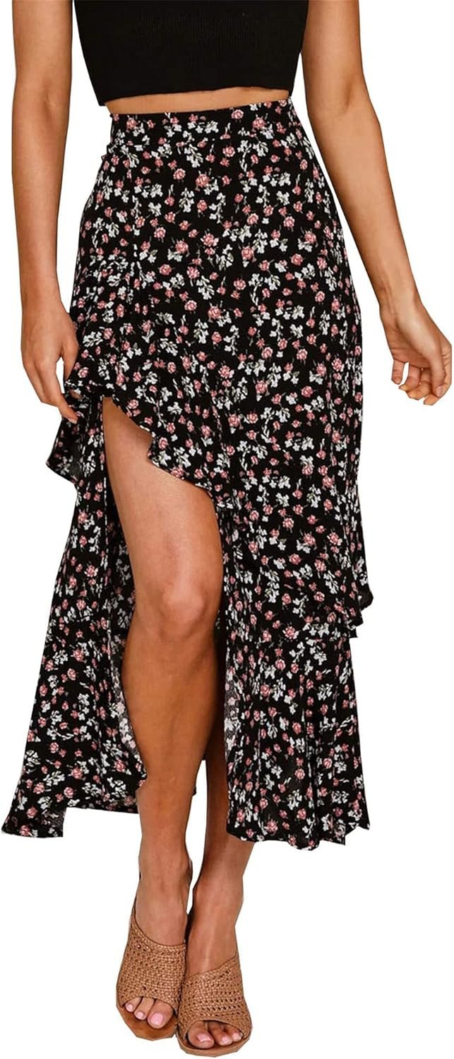 BTFBM Women 2026 Spring Summer Long Skirts Dress Boho Floral Elastic Waist Split Ruffle High Low Beach Maxi Skirt Clothes