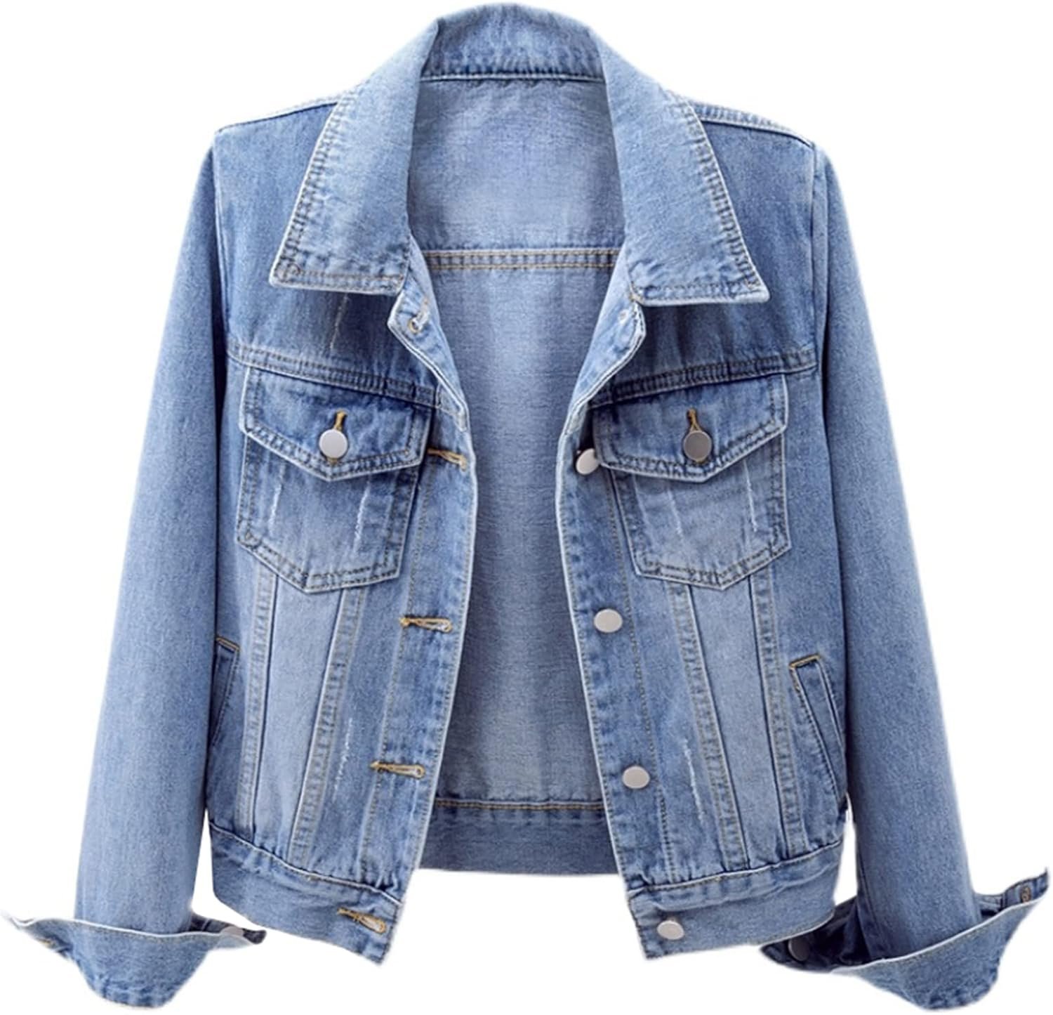 Ladyful Women’s Casual Jean Jacket Distressed Ripped Denim Jacket Coat with Pockets