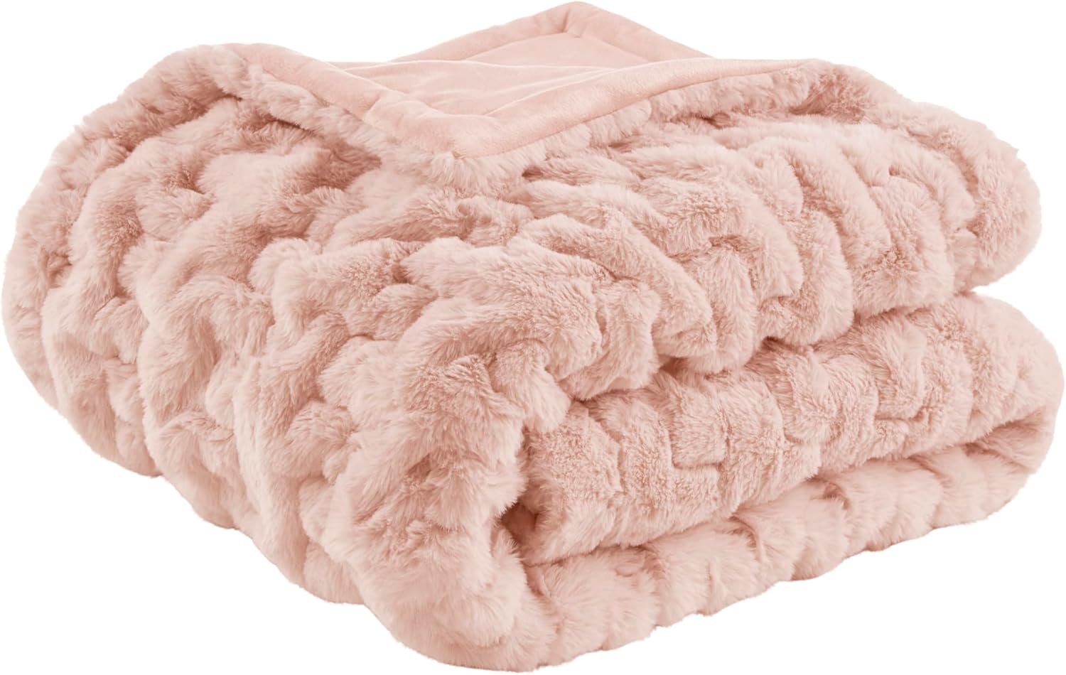 Madison Park Ruched Luxury Throw Premium Soft Cozy Brushed Long Faux Fur For Bed, Couch or Sofa, 50″x60″, Blush