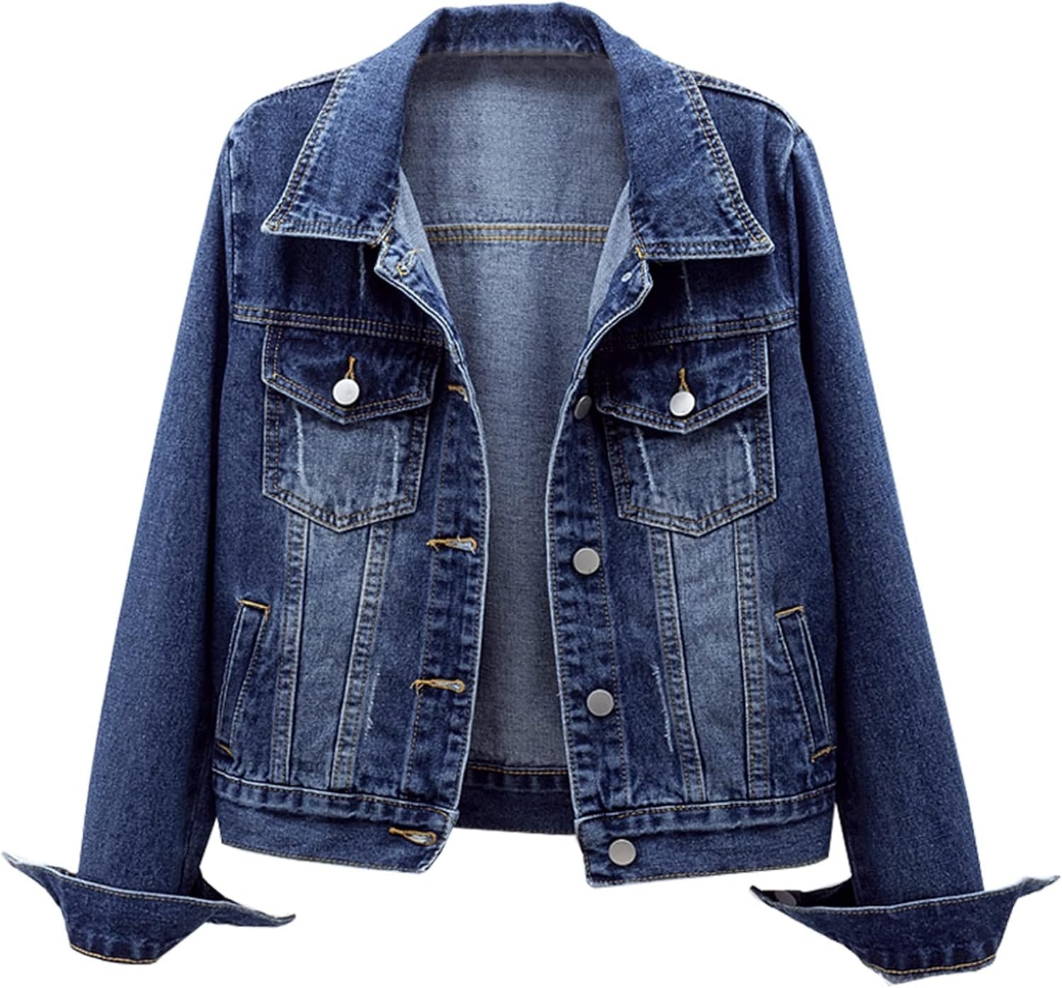 LifeShe Women’s Basic Long Sleeve Button Down Distressed Denim Jackets Jean Jacket Coat