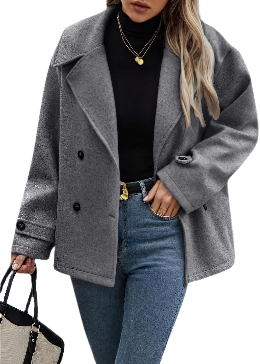 CHOUYATOU Women’s Winter Loose Fit Cropped Wool Coat Double Breasted Dressy Short Blazer Jacket Peacoat