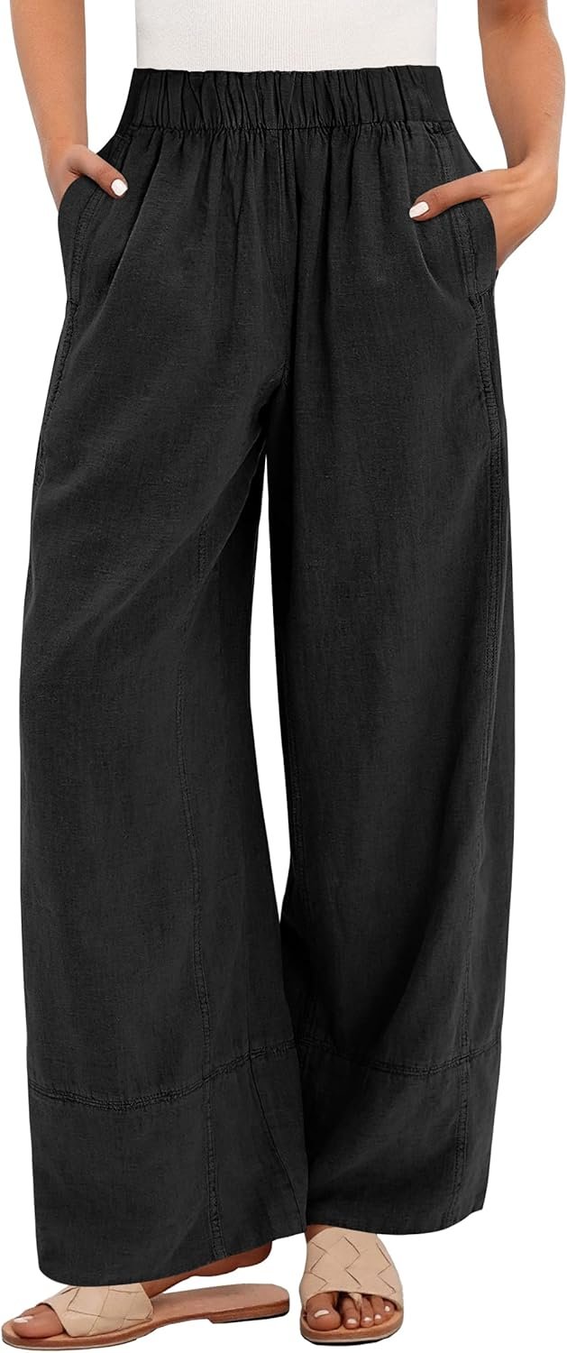 ANRABESS Women’s Wide Leg Linen Pants Summer Boho Casual Elastic Waist Long Lounge Travel Pants Trousers with Pockets