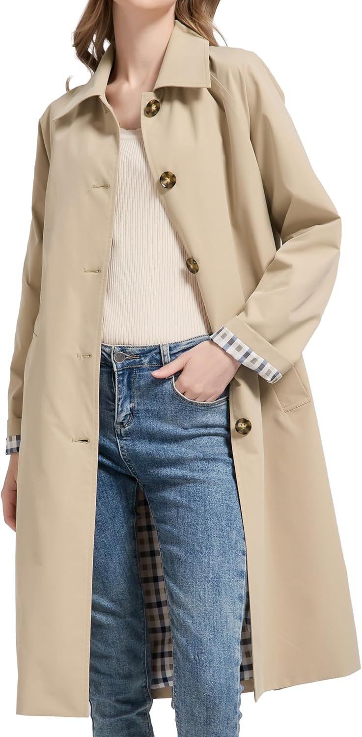 Orolay CHIIONE Women’s Waterproof Trench Coat Single Breasted Lightweight Mid-Length Coat with Deep Pockets for Spring Travel