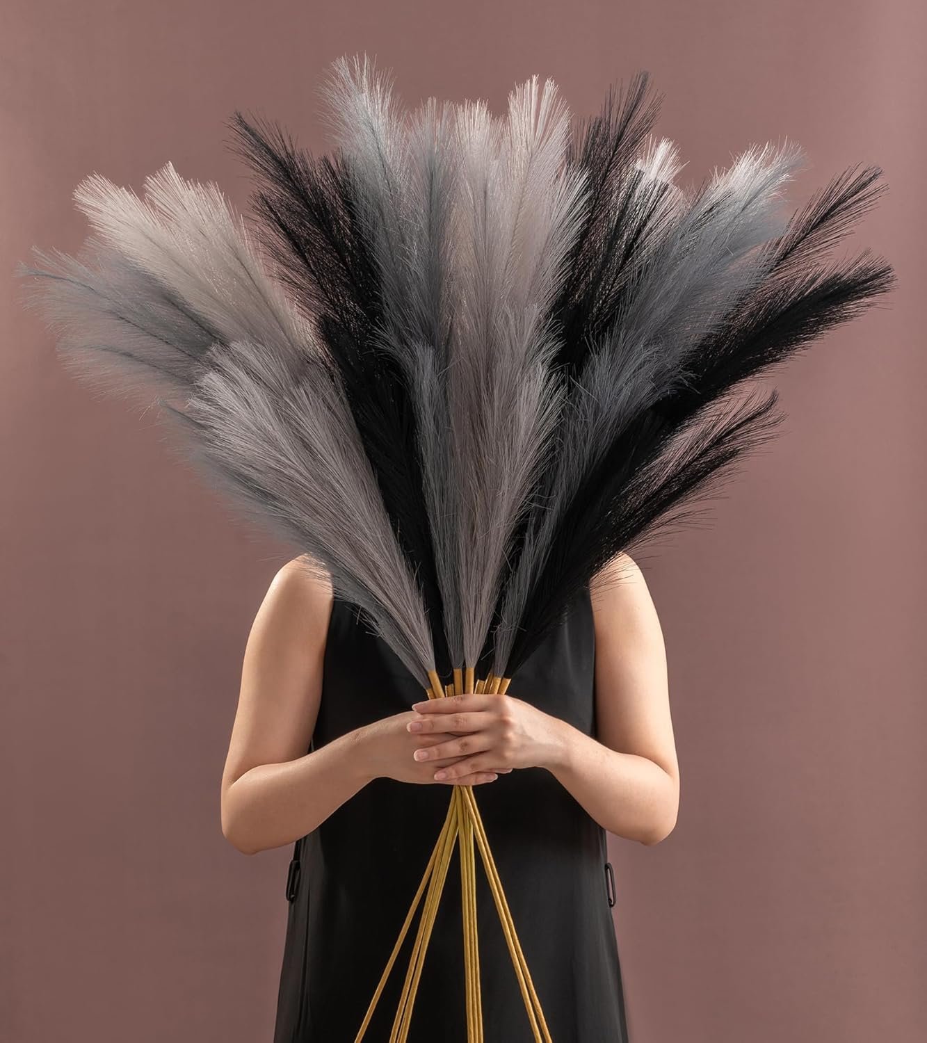 SeptCat 9 Pcs 45″ Faux Dried Pampas Grass Tall Decor, Fluffy Fake Long Pompas Artificial Black Grey Gray Pompous Stems Bouquet Flower Arrangement Vase Filler for Boho Home Wedding Decoration