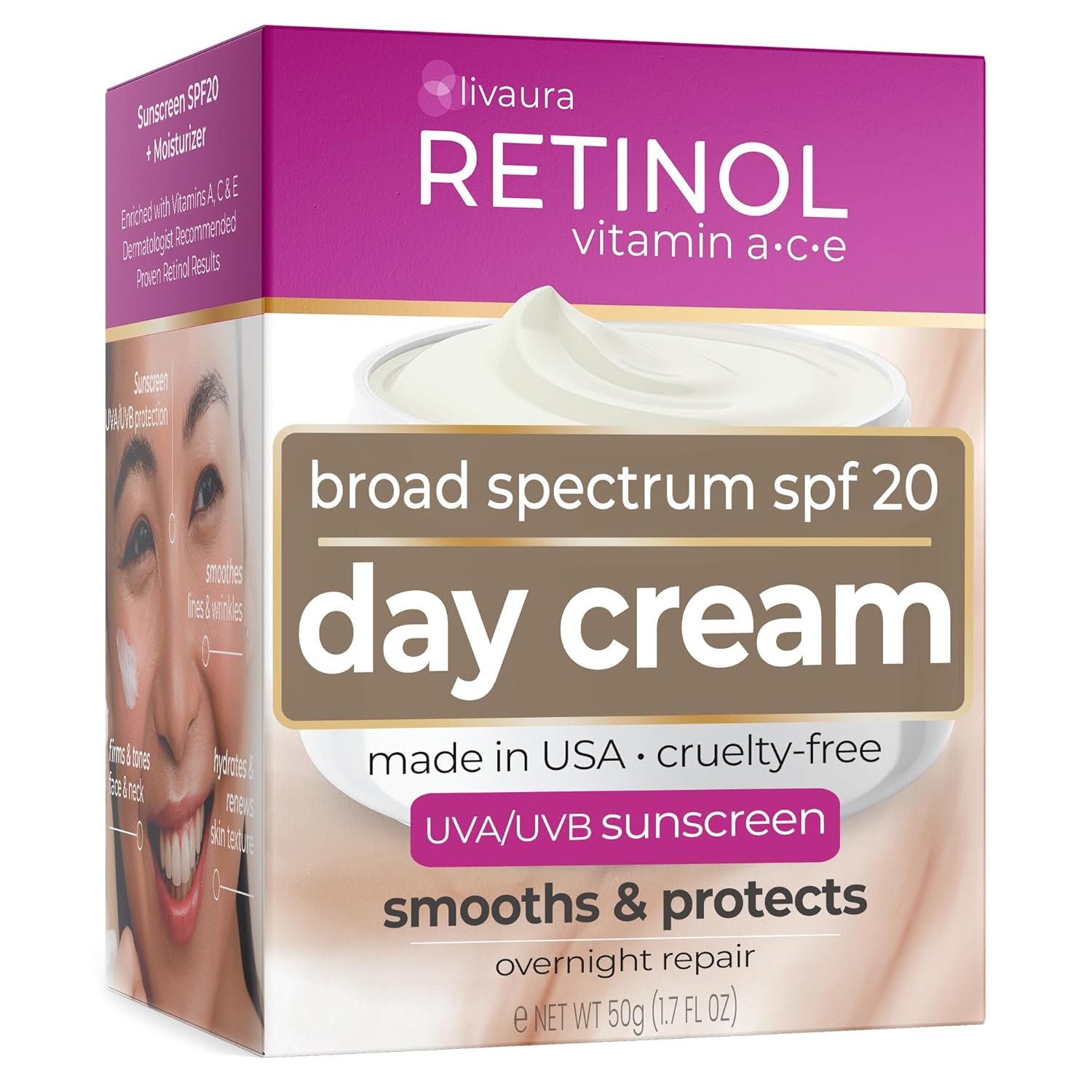 Retinol LIVAURA Day Cream SPF 20 – Face Cream with SPF for Women, Anti Aging Faces Moisturizer, Day Moisturizer for Face, Best Hydrating Faces Creams for Mature & Aging Skin, Facial Skin Moisturizers
