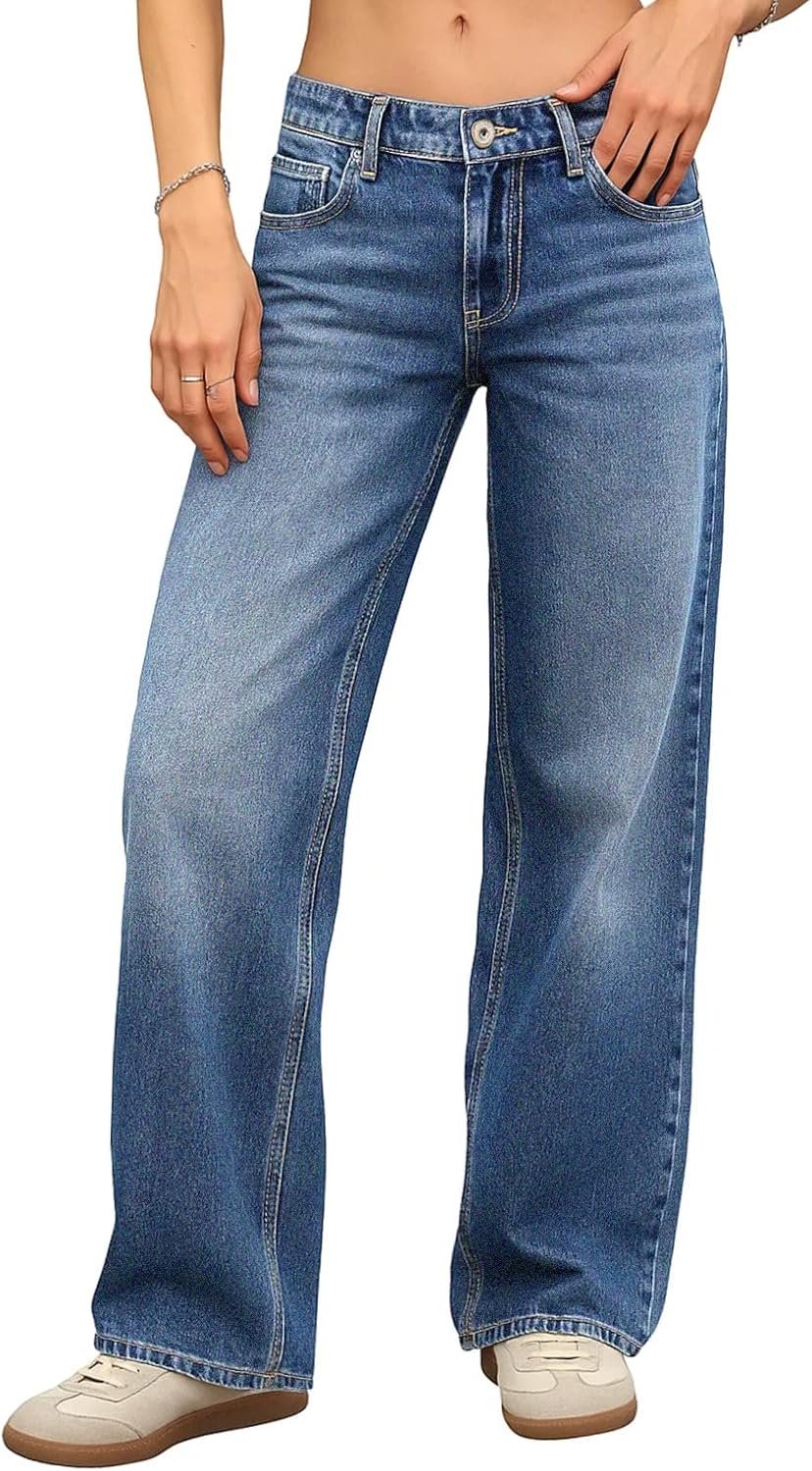 ELLEVEN Women’s Low-Rise Baggy Jeans, High Stretchy Y2K Wide Leg Jeans Boyfriend Straight Leg Denim Pants