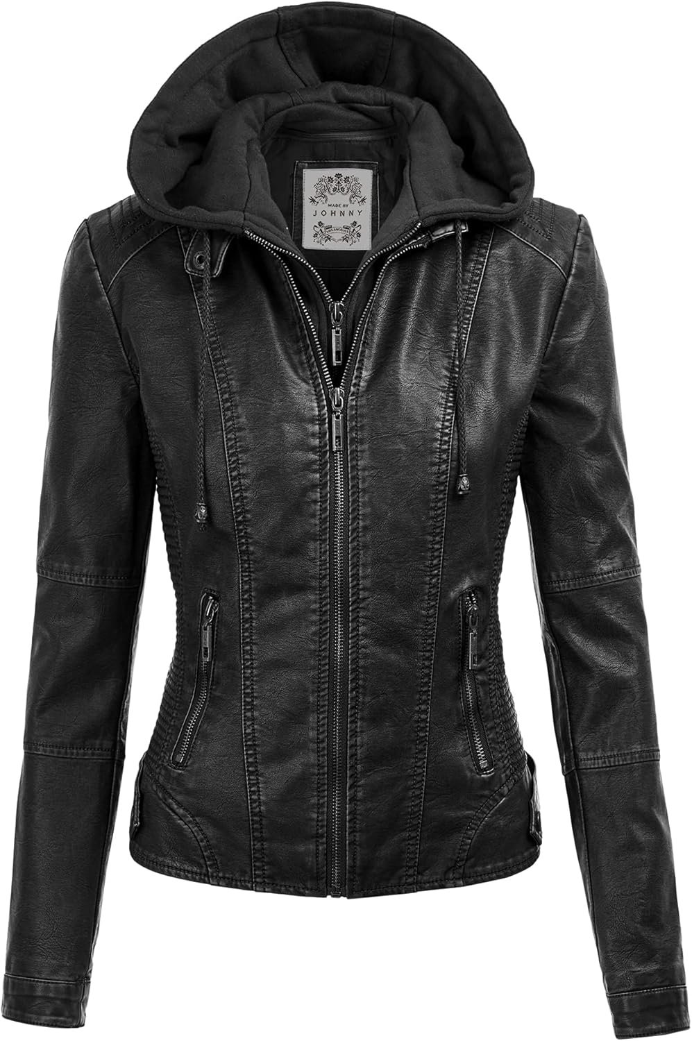 Made By Johnny Faux Leather Jacket Women Motorcycle Coat for Biker with Removable Hood