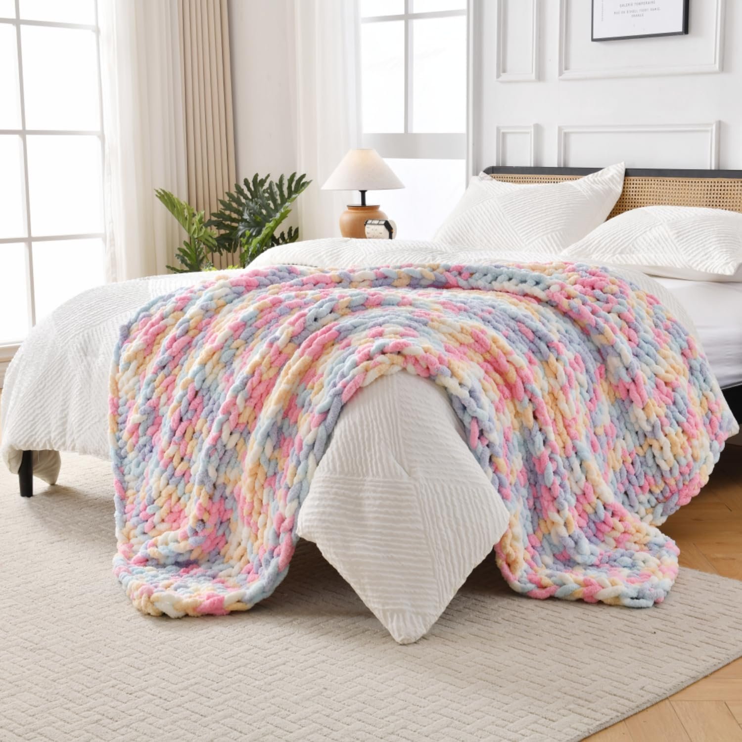 Ultra Soft Chunky Knit Throw Blanket 50×70 Hand Knitted Warm Chenille Throw Blanket, Home Decor Soft Thick Yarn Cable Knit Blanket Breathable Fleece Banket Christmas for Couch Bed Sofa Best Gift
