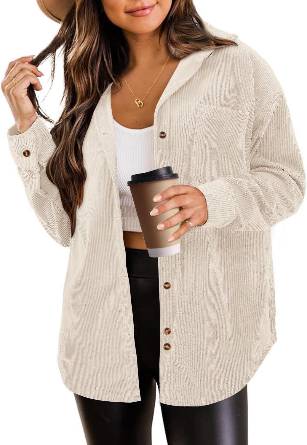 SEMARO Womens Casual Long Sleeve Button Down Shirts Corduroy Oversized Boyfriend Blouse V Neck Loose Jacket Tops
