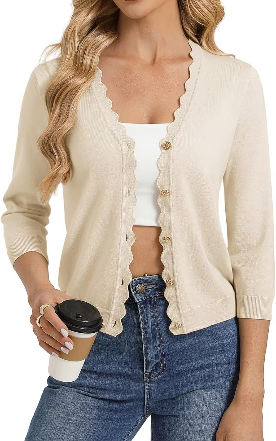 GRACE KARIN Women’s 3/4 Sleeve V Neck Button Down Lightweight Cardigan Sweater Open Front Dressy Shrugs Spring Fashion