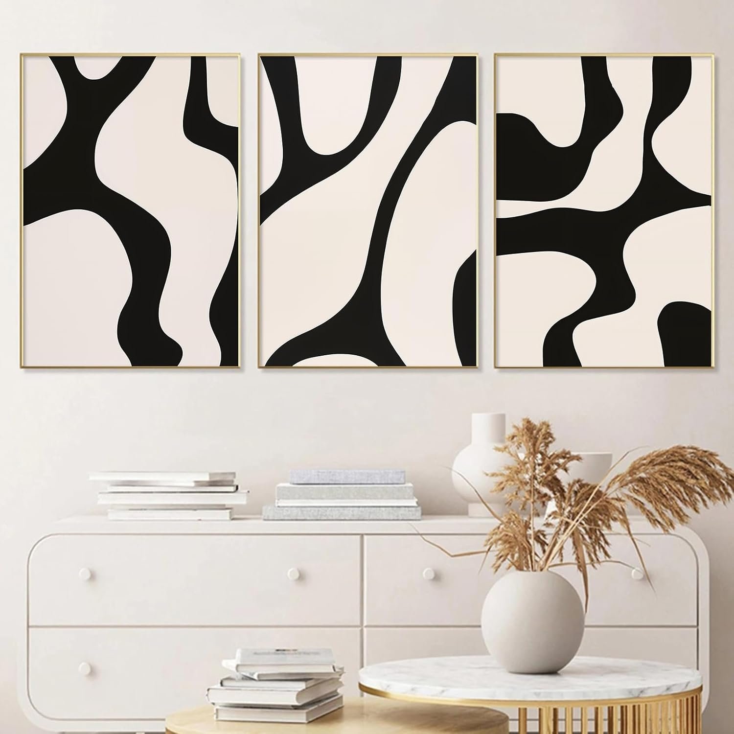 Black Beige Abstract Wall Art Abstract Line Pictures Minimalist Geometric Art Print Black and Neutral Painting Boho Modern Artwork Abstract Shapes Wall Art Black Line Art Canvas 16x24inchx3 No Frame