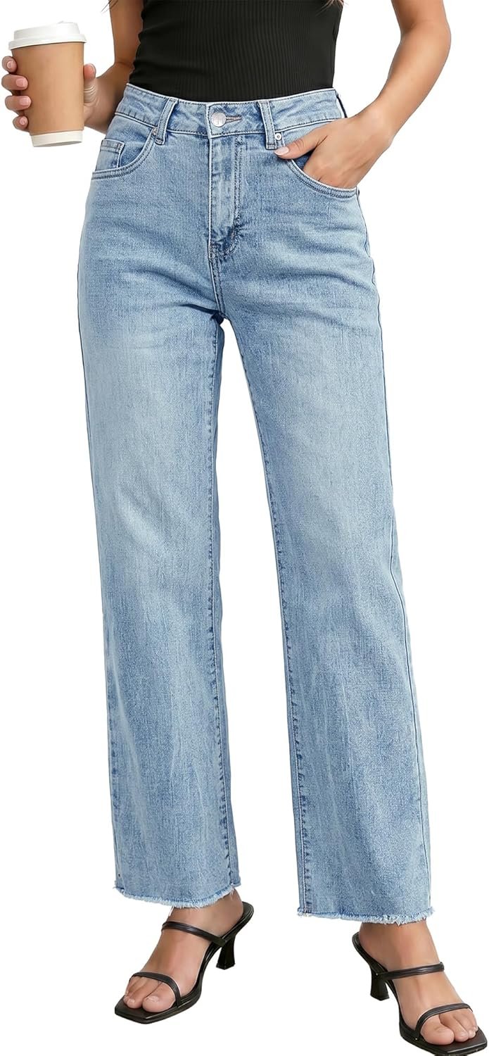 GRAPENT Straight Leg Jeans for Women High Waisted Stretchy Frayed Raw Hem Loose Denim Pants Casual Baggy Jean Trousers