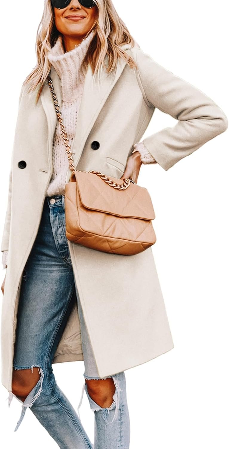 Hooever Women’s Winter Wool Coat Casual Notch Lapel Single-Breasted Peacoat