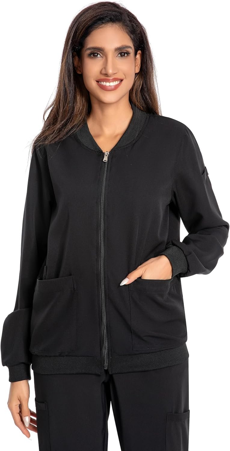 Scrub Jackets for Woman, Zip Front Nurse Jacket-4-Way Stretch Fabric Coat