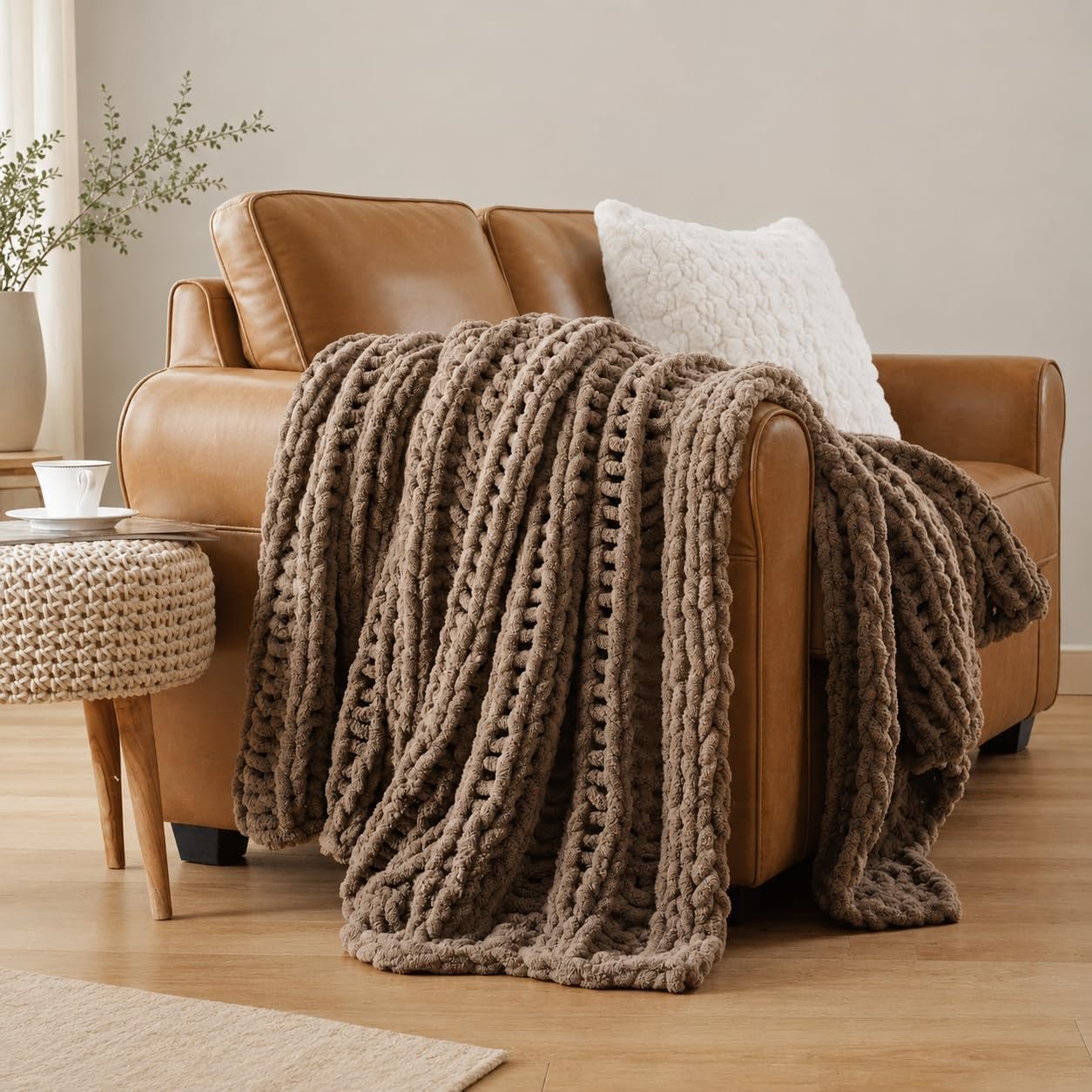 Battilo Beige Chunky Knit Throw Blanket for Couch, Super Soft Thick Warm Cable Knitted Blanket, Khaki Polyester Throw Taupe Blankets for Bed, Sofa, Living Room, 50″x60″