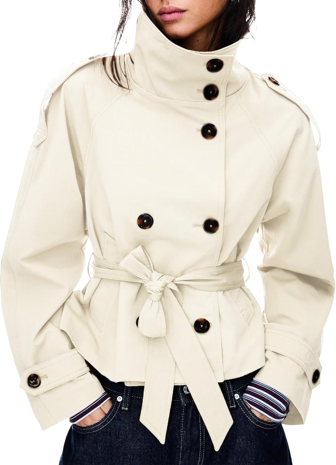 Women’s Cropped Trench Coat Double Breasted Short Jacket High Collar Fall Winter Coats Trendy Outfit with Belt