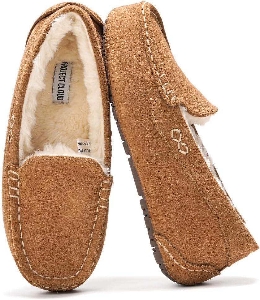 Project Cloud 100% Genuine Leather Slippers for Women – Fur Lined Outdoor Slippers for Women Footwear with Memory Foam – Stylish Womens Moccasin (Cathi)