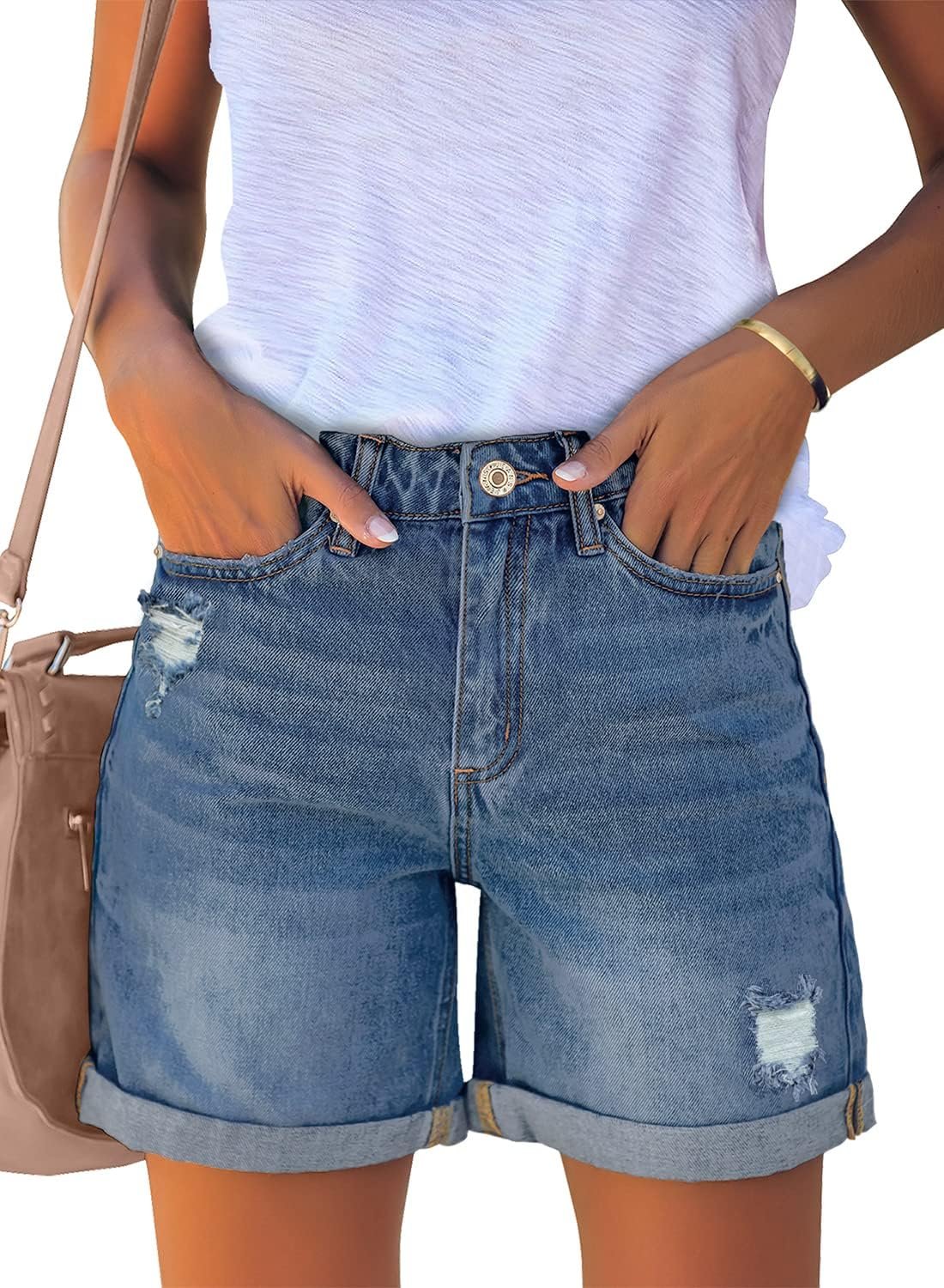 luvamia Women’s Casual Ripped Denim Shorts High Rise Distressed Rolled Hem Jeans Shorts
