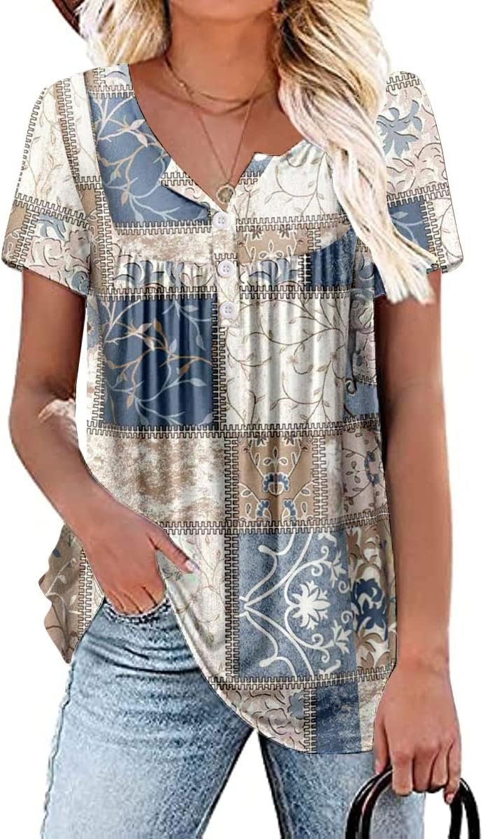 Womens Summer Plus Size Tops Blouses Short Sleeve Shirts Lace Pleated Tunic Tops M-4XL