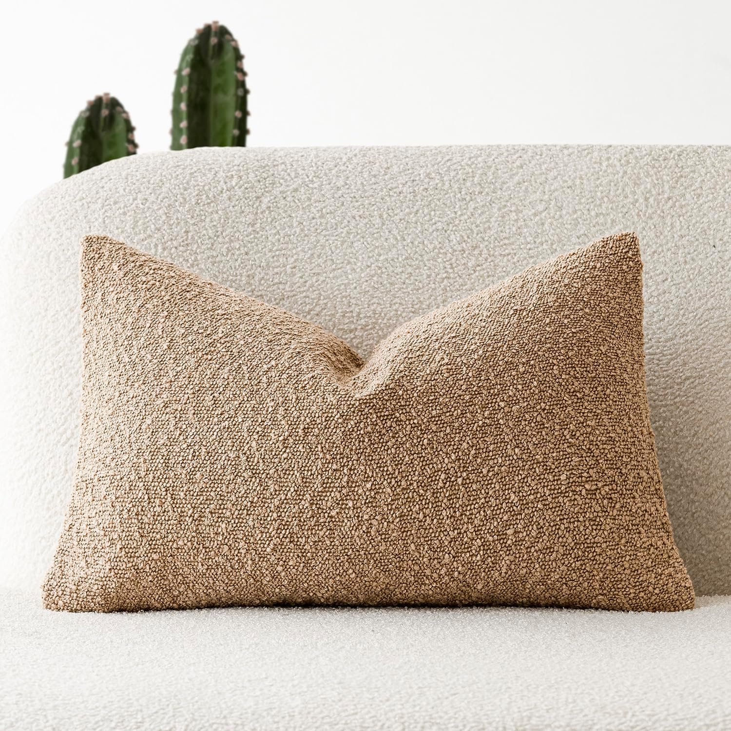 Foindtower Textured Boucle Throw Pillow Covers Accent Solid Lumbar Pillow Cases Cozy Soft Decorative Couch Cushion Case for Chair Sofa Bedroom Living Room Home Decor, 12 x 20 Inch,Taupe Khaki Camel