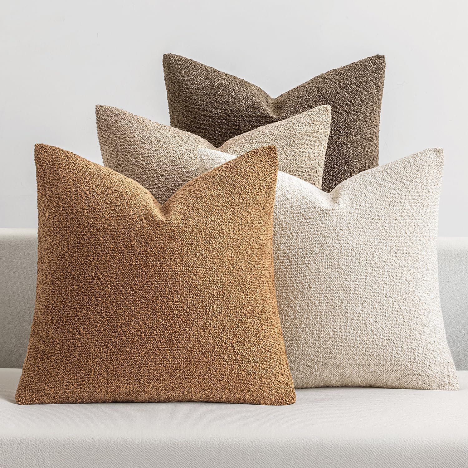 MIULEE Pack of 4 Decorative Textured Boucle Throw Pillow Covers 18×18 Inch Neutral Brown Accent Solid Pillow Cases Couch Cushion Covers for Modern Farmhouse Boho Chair Sofa Bed Room Home Decor