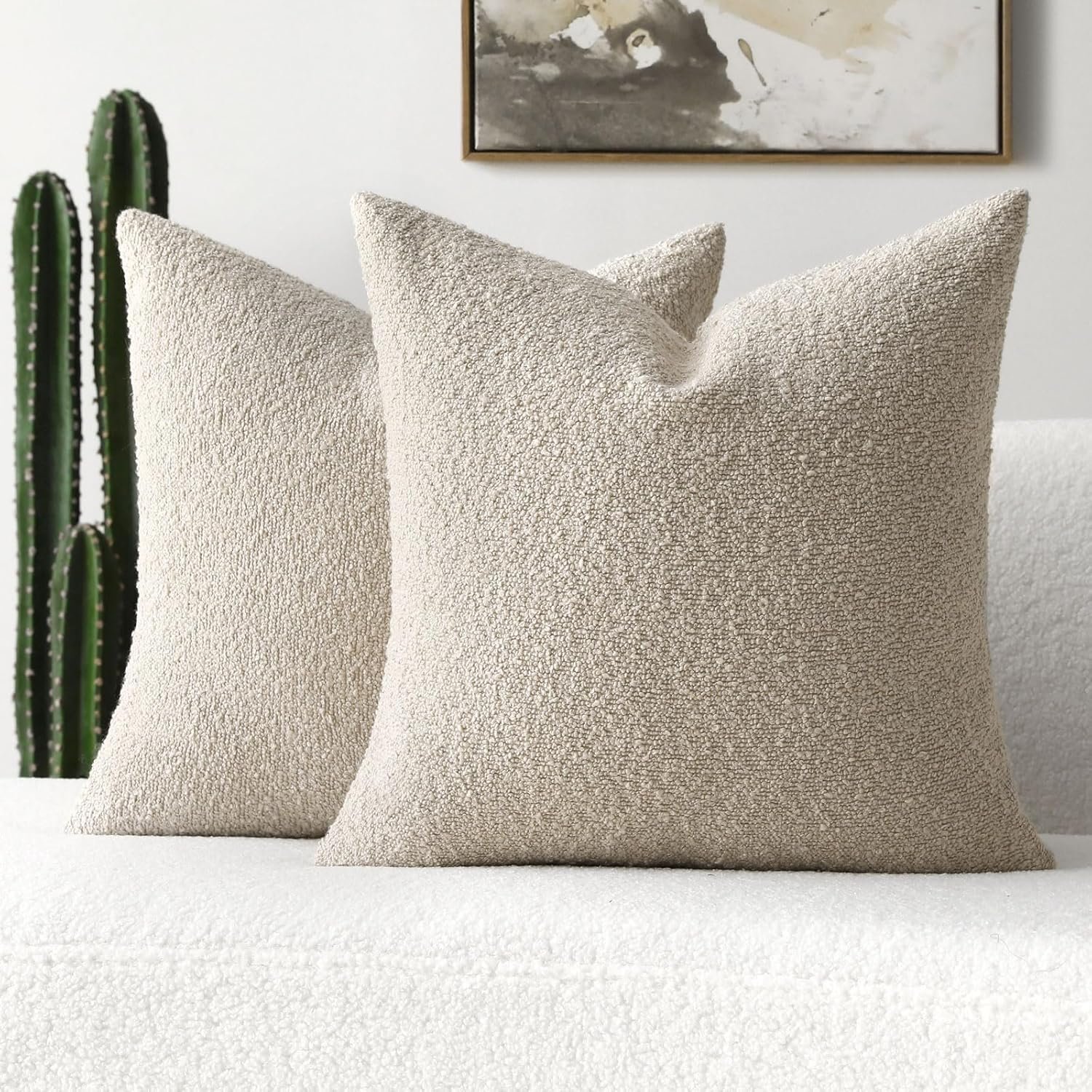 FUTEI Pack of 2 Beige Decorative Throw Pillow Covers 18×18 Inch Soft Cozy Solid Boucle Textured Cushion Case,Modern Home Decor for Couch Bed Living Room