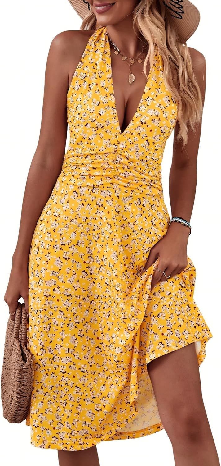 HUHOT Women’s Summer Sundress Sleeveless Halter Neck Spring 2026 Floral with Pocket Elastic Waist Ruffle Mini Dresses