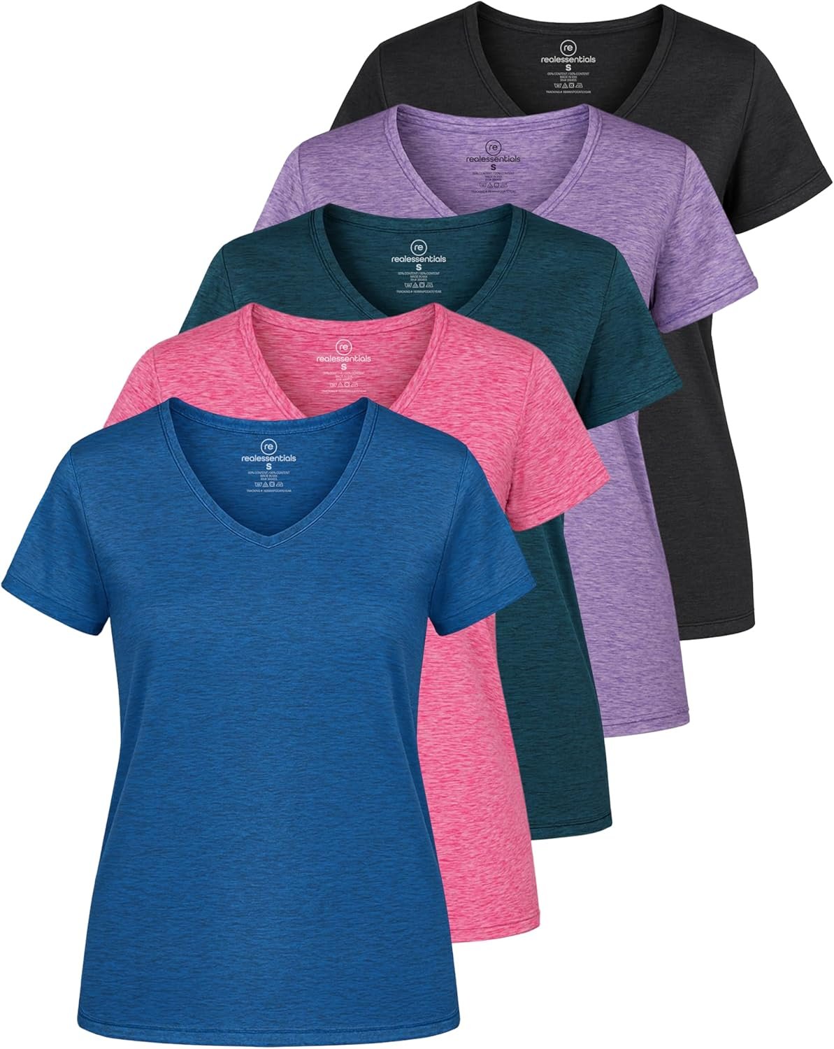 Real Essentials 5 Pack: Women’s Dry-Fit Short Sleeve V Neck T Shirt Workout Fitness Yoga Top Tee (Available in Plus Size)