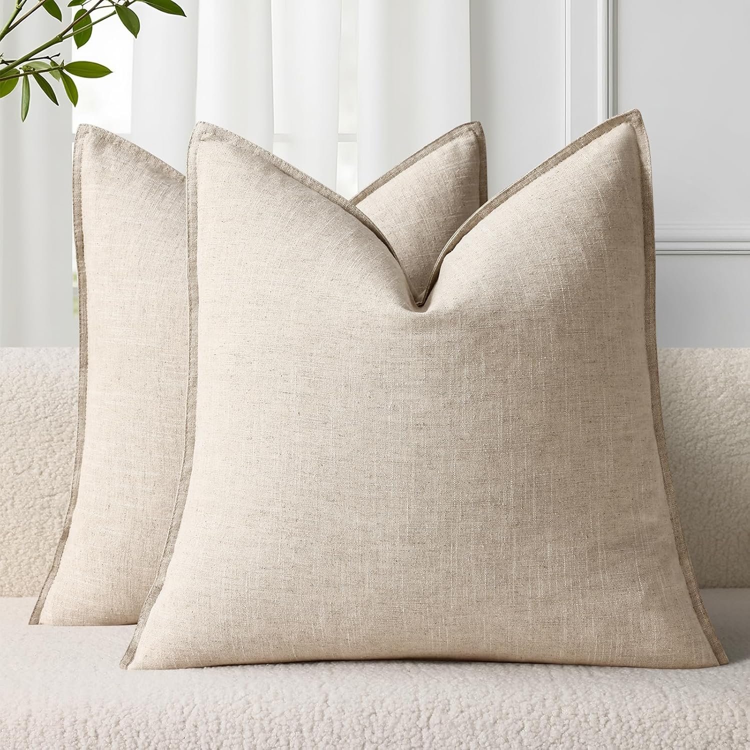 decorUhome Summer Decorative Linen Throw Pillow Covers 20×20 Inch Set of 2 Natural Beige Pillow Covers with Flange Edges Soft Farmhouse Boho Accent Pillow Cases for Couch Bed Living Room